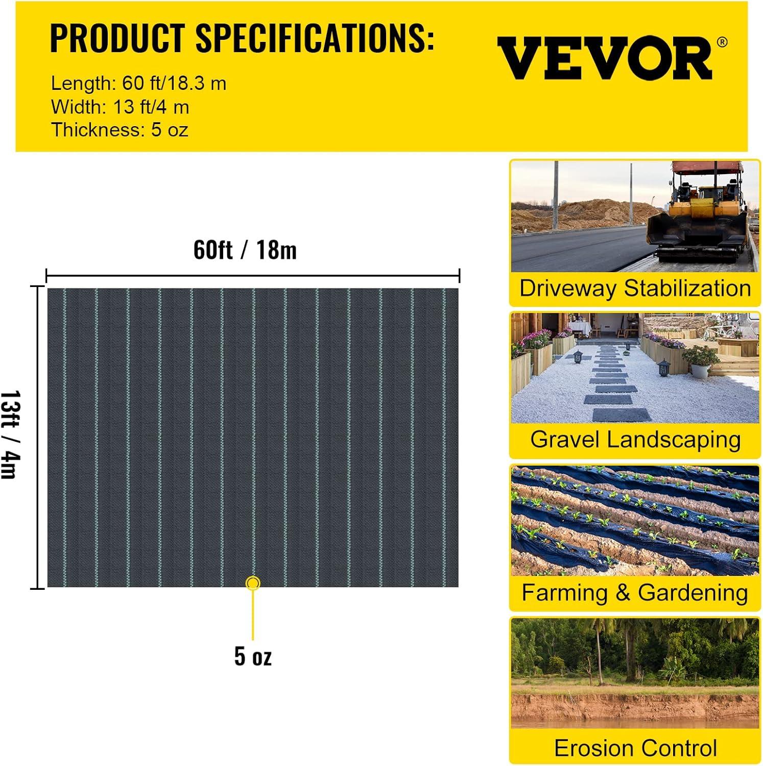 imageHappybuy Weed Barrier Landscape Fabric Heavy Duty 4FTx250FT Geotextile Fabric 5Oz Woven Weed Block Gardening Mat Garden Weed Fabric Good Permeability for Flower Bed Driveway Fabric Ground Cover13FTx60FT5OZ