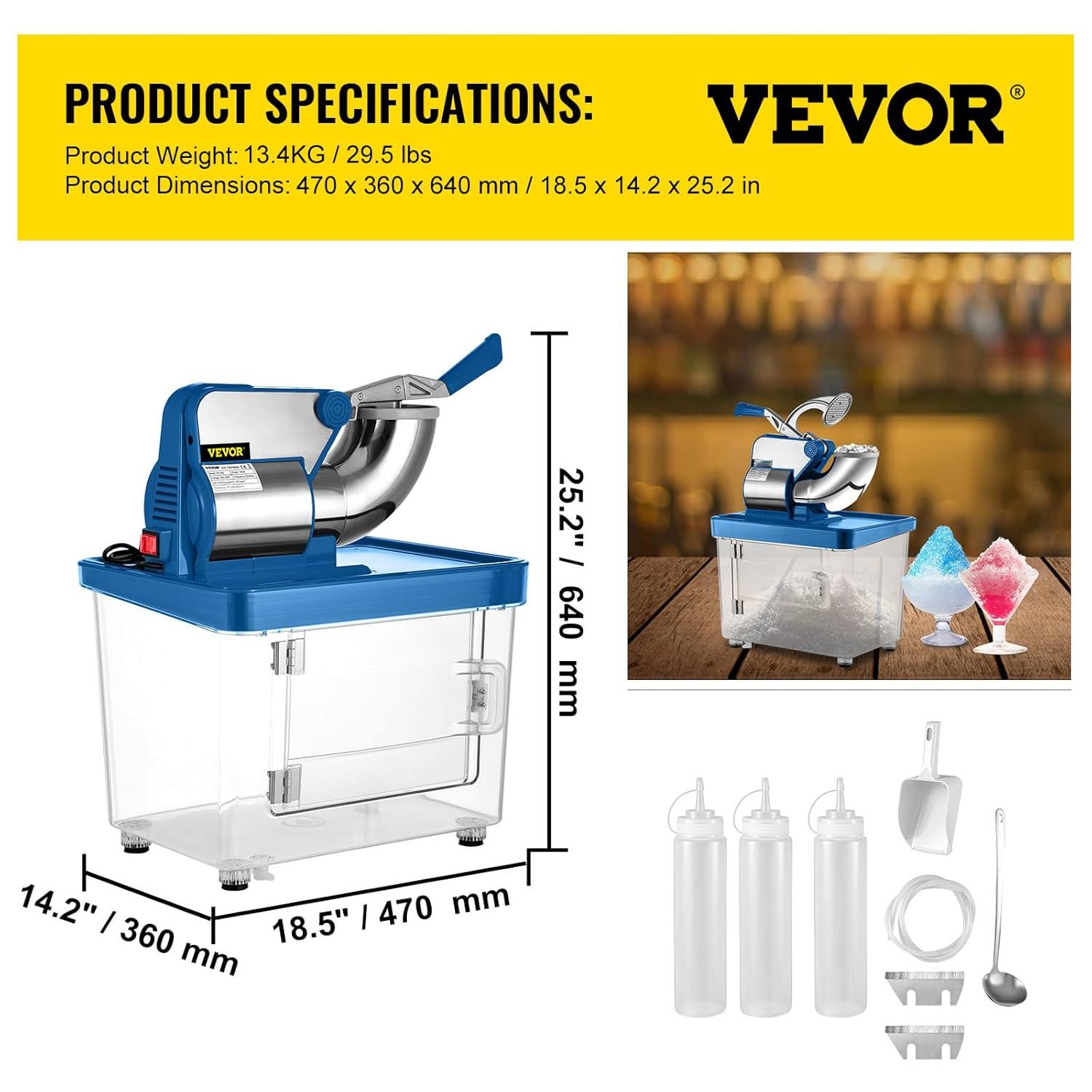 imageVEVOR 110V Commercial Ice Crusher 661LBSH ETL Approved 300W Electric Snow Cone Machine with Dual Blades Stainless Steel Shaved Ice Machine with Safety OnOff Switch for Family Restaurants BarsBlue