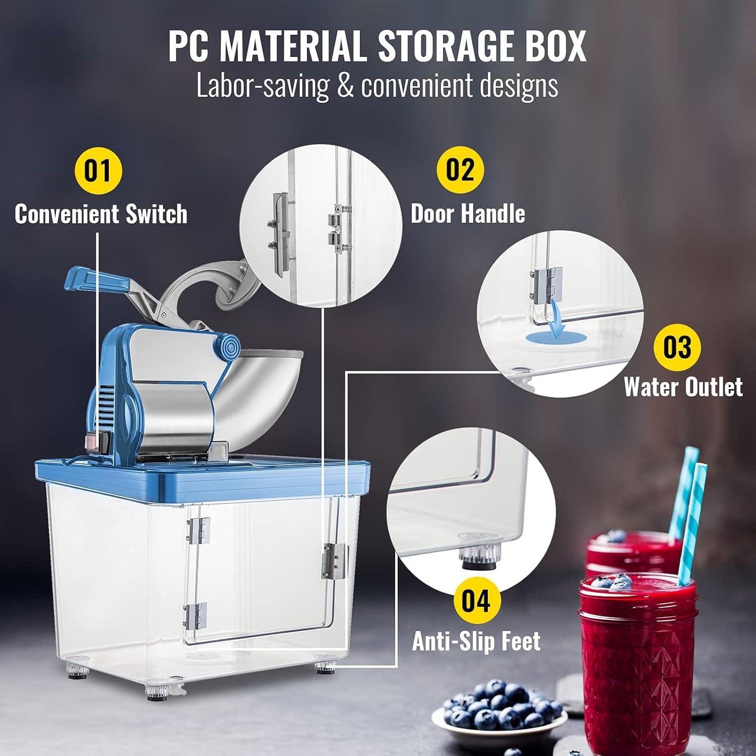 imageVEVOR 110V Commercial Ice Crusher 661LBSH ETL Approved 300W Electric Snow Cone Machine with Dual Blades Stainless Steel Shaved Ice Machine with Safety OnOff Switch for Family Restaurants BarsBlue