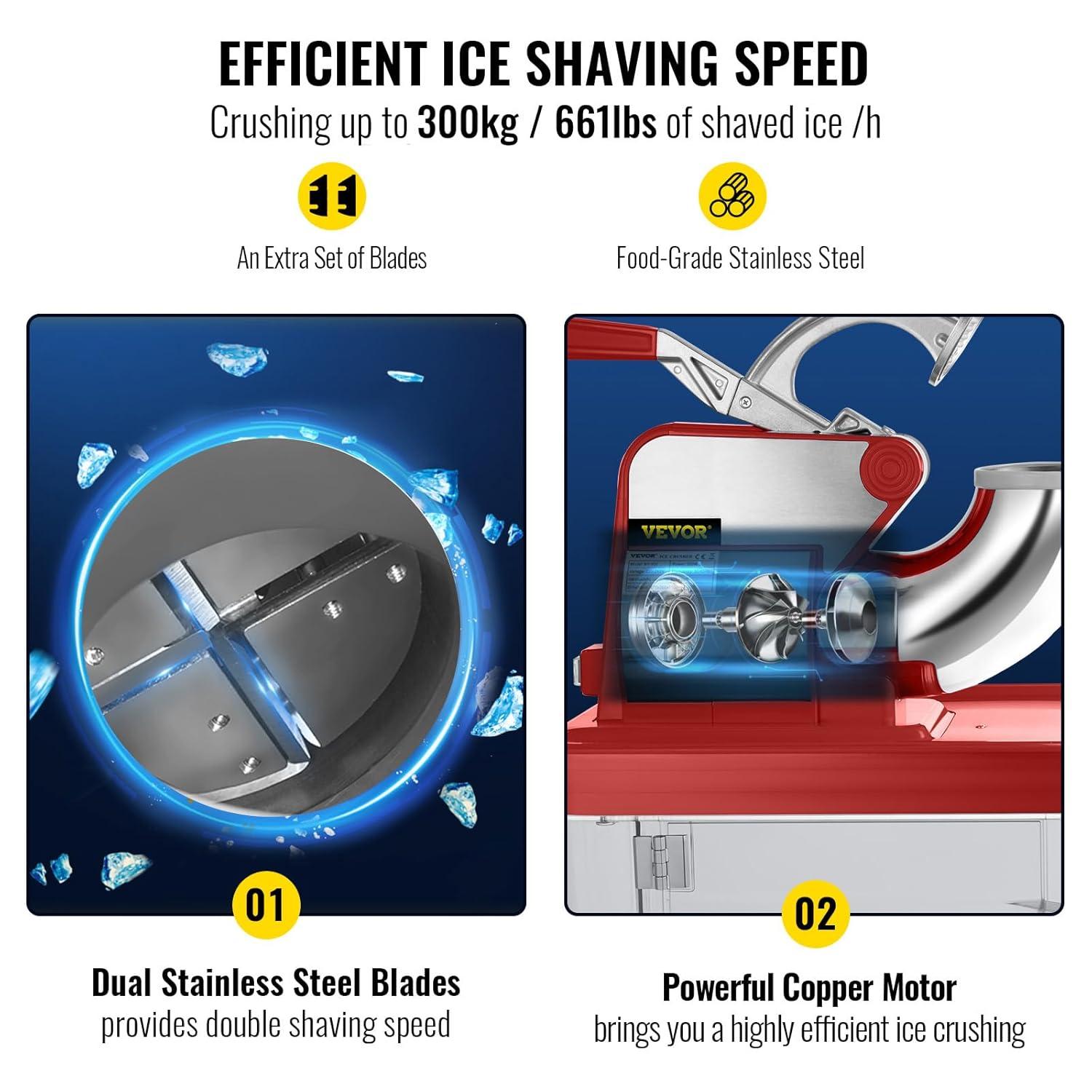 imageVEVOR 110V Commercial Ice Crusher 661LBSH ETL Approved 300W Electric Snow Cone Machine with Dual Blades Stainless Steel Shaved Ice Machine with Safety OnOff Switch for Family Restaurants BarsRed