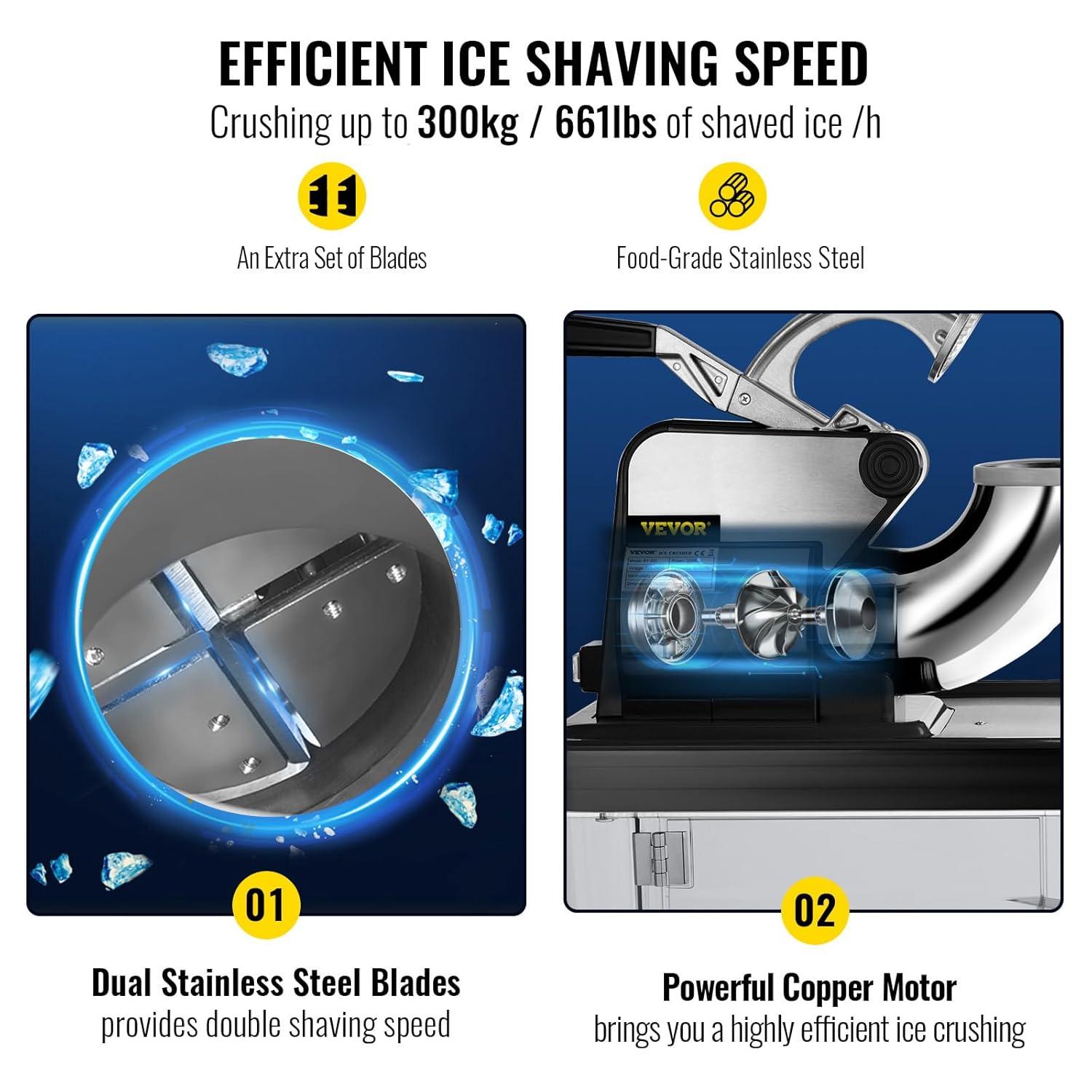 imageVEVOR 110V Commercial Ice Crusher 661LBSH ETL Approved 300W Electric Snow Cone Machine with Dual Blades Stainless Steel Shaved Ice Machine with Safety OnOff Switch for Family Restaurants BarsBlack