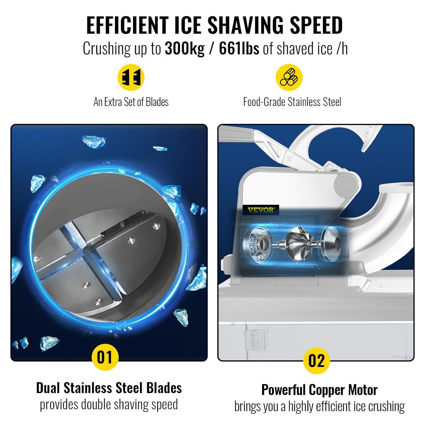imageVEVOR 110V Commercial Ice Crusher 661LBSH ETL Approved 300W Electric Snow Cone Machine with Dual Blades Stainless Steel Shaved Ice Machine with Safety OnOff Switch for Family Restaurants BarsWhite