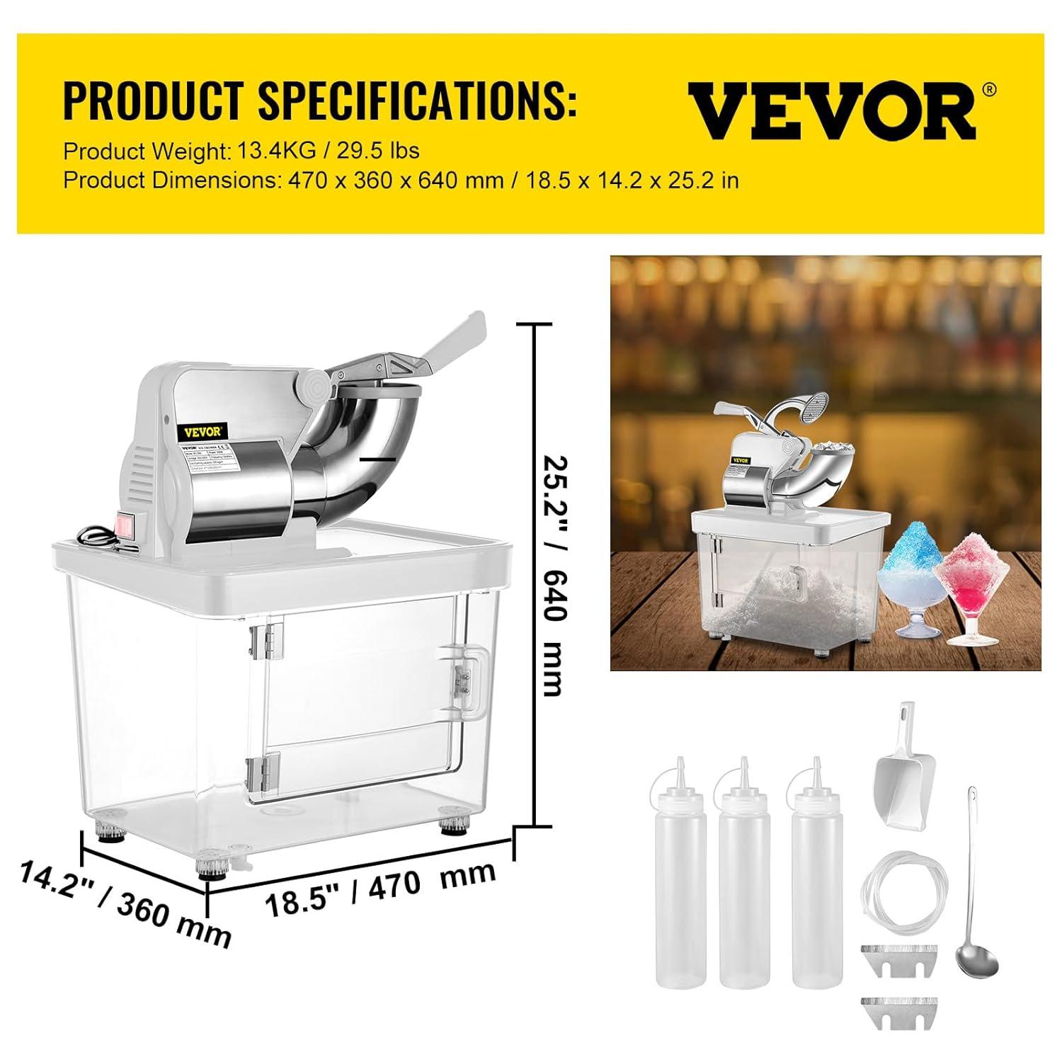 imageVEVOR 110V Commercial Ice Crusher 661LBSH ETL Approved 300W Electric Snow Cone Machine with Dual Blades Stainless Steel Shaved Ice Machine with Safety OnOff Switch for Family Restaurants BarsWhite