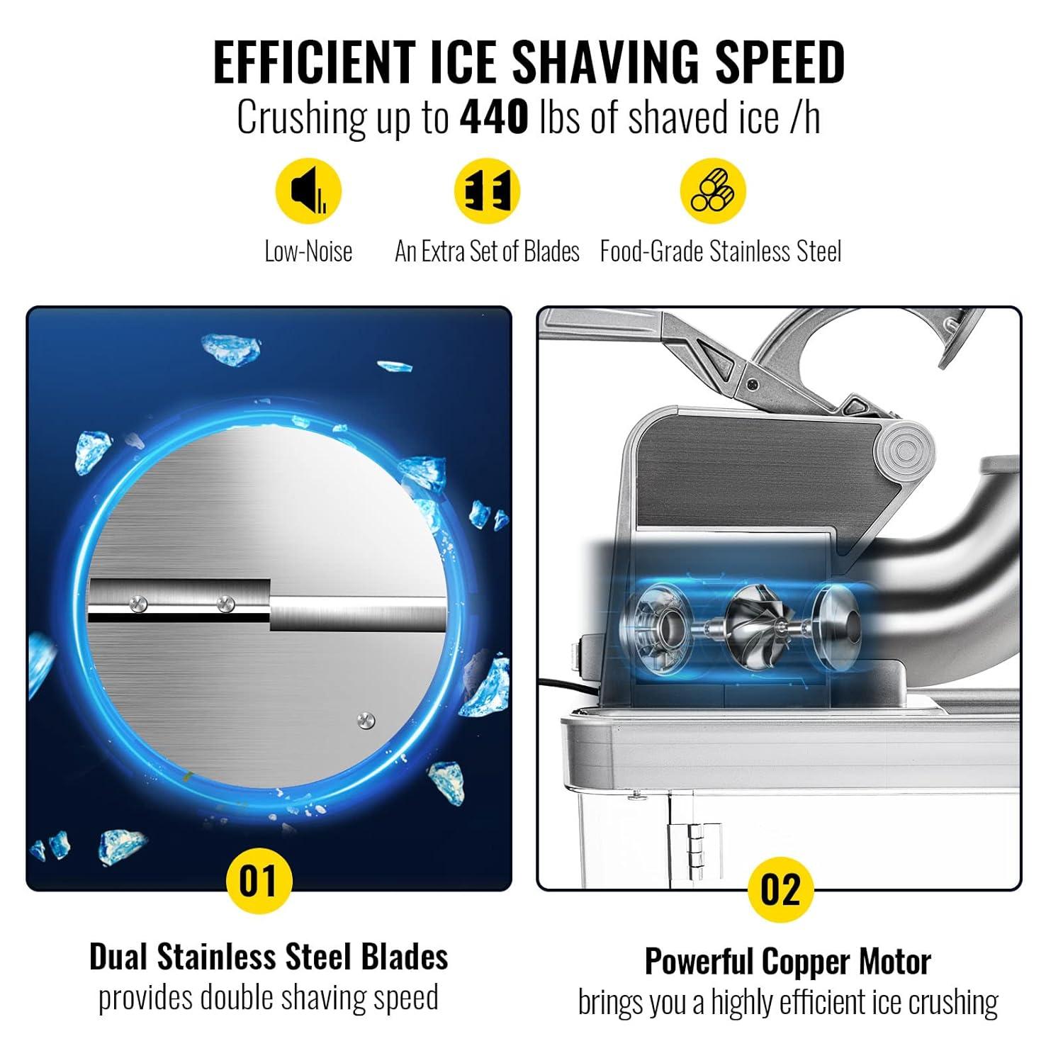 imageVEVOR 110V Commercial Ice Crusher 661LBSH ETL Approved 300W Electric Snow Cone Machine with Dual Blades Stainless Steel Shaved Ice Machine with Safety OnOff Switch for Family Restaurants BarsSliver