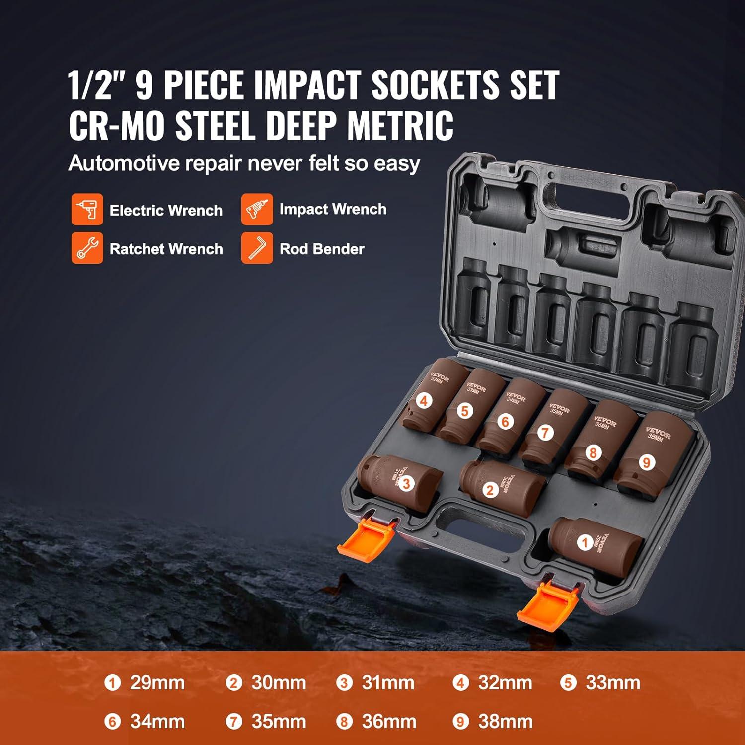 imageVEVOR 12quot Drive Impact Socket Set 65 Piece SAE 38quot to 114quot and Metric 1024mm 6 Point CrV Alloy Steel for Auto Repair EasytoRead Size Markings Rugged Construction Storage Case12 9PCS CRMO