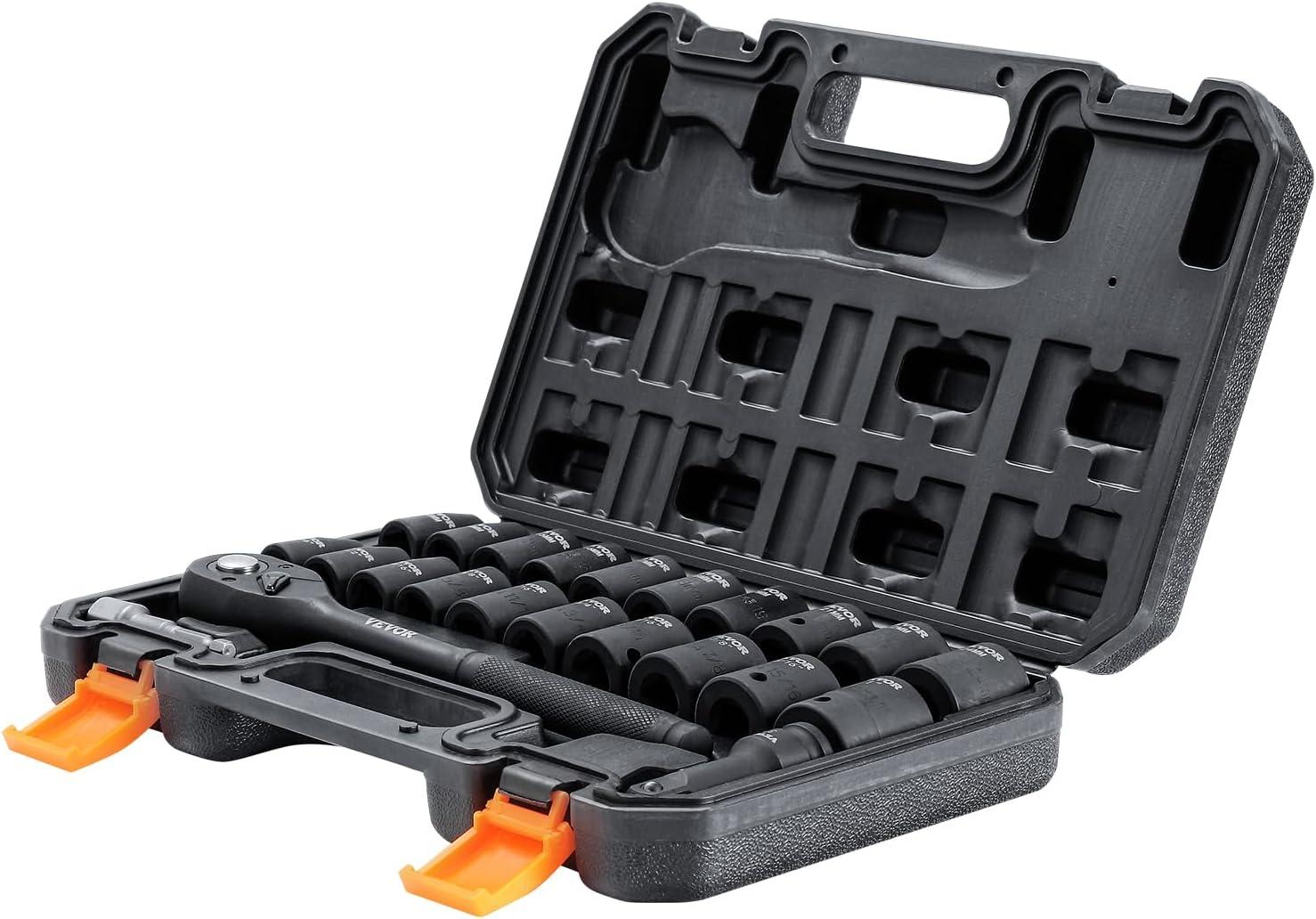 imageVEVOR 12quot Drive Impact Socket Set 65 Piece SAE 38quot to 114quot and Metric 1024mm 6 Point CrV Alloy Steel for Auto Repair EasytoRead Size Markings Rugged Construction Storage Case12 23PCS