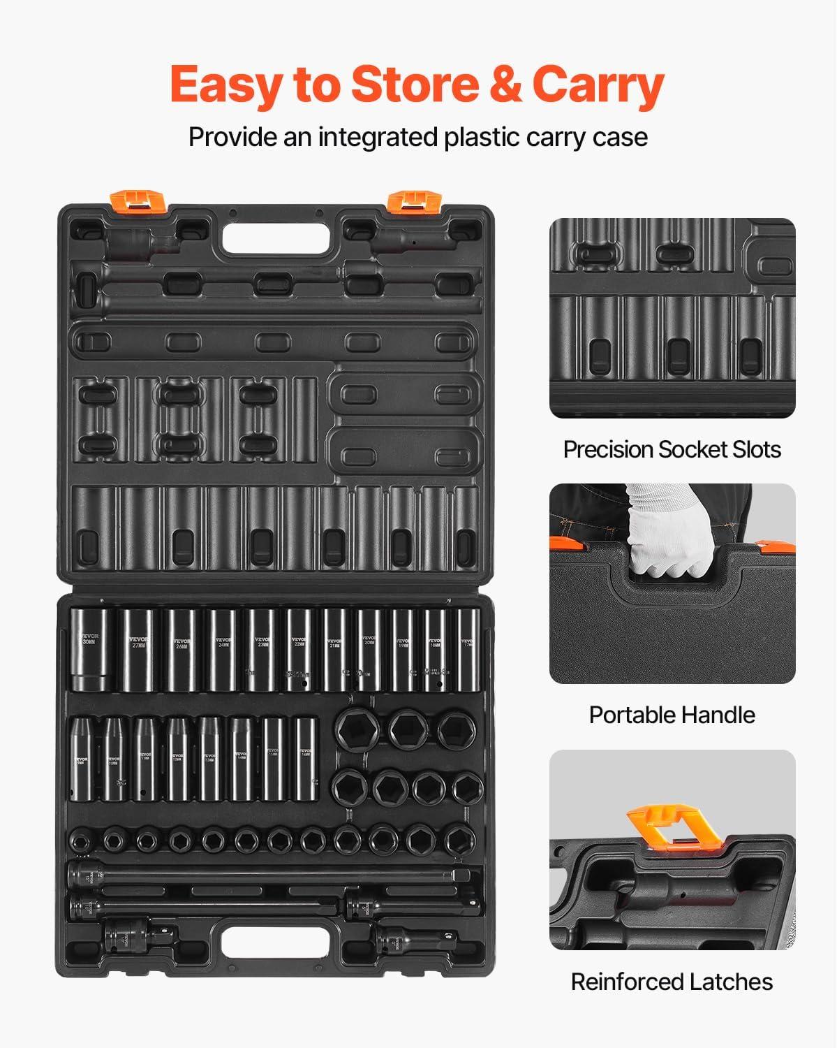 imageVEVOR 12quot Drive Impact Socket Set 65 Piece SAE 38quot to 114quot and Metric 1024mm 6 Point CrV Alloy Steel for Auto Repair EasytoRead Size Markings Rugged Construction Storage Case12 43PCS