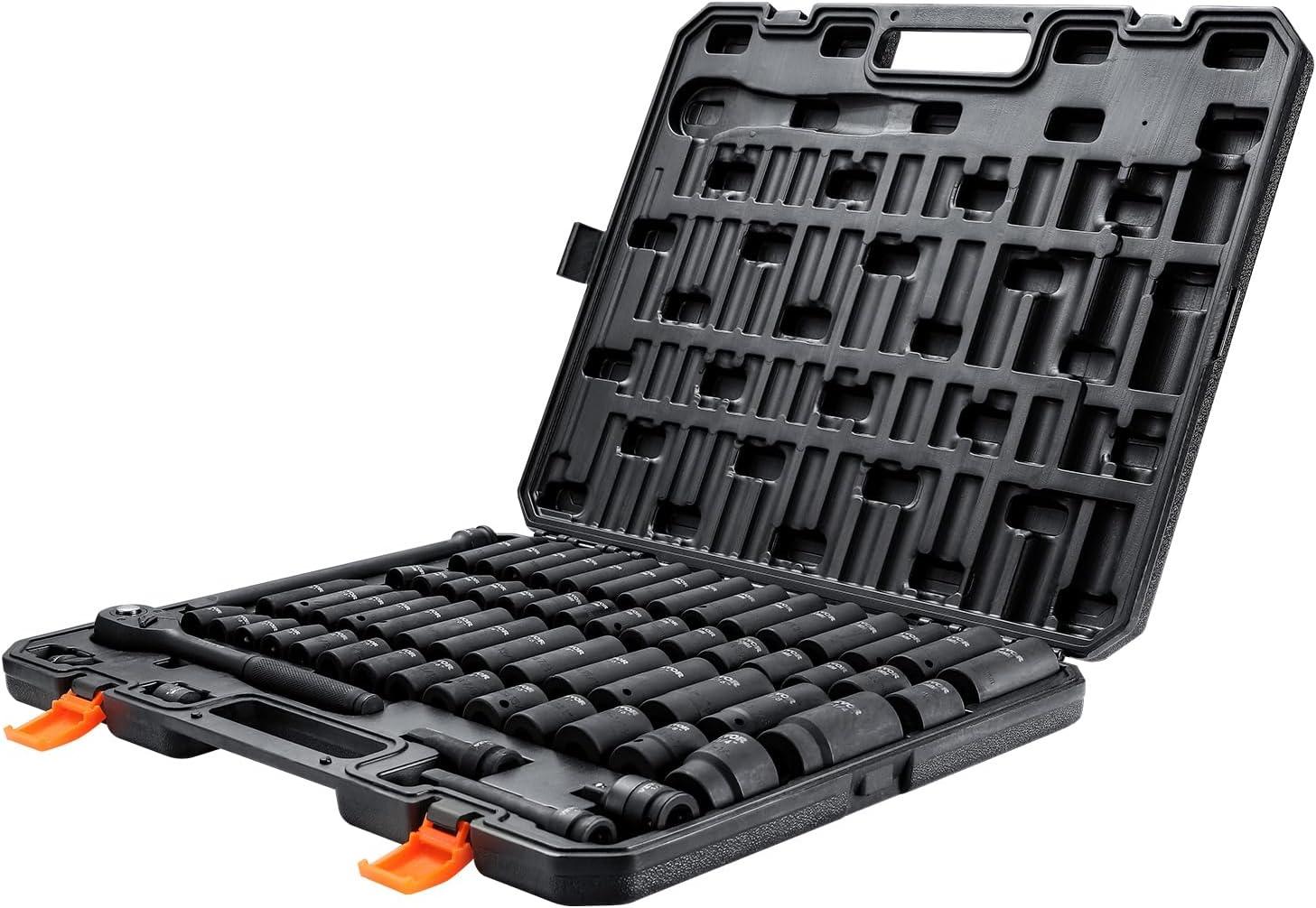 imageVEVOR 12quot Drive Impact Socket Set 65 Piece SAE 38quot to 114quot and Metric 1024mm 6 Point CrV Alloy Steel for Auto Repair EasytoRead Size Markings Rugged Construction Storage Case12 65PCS