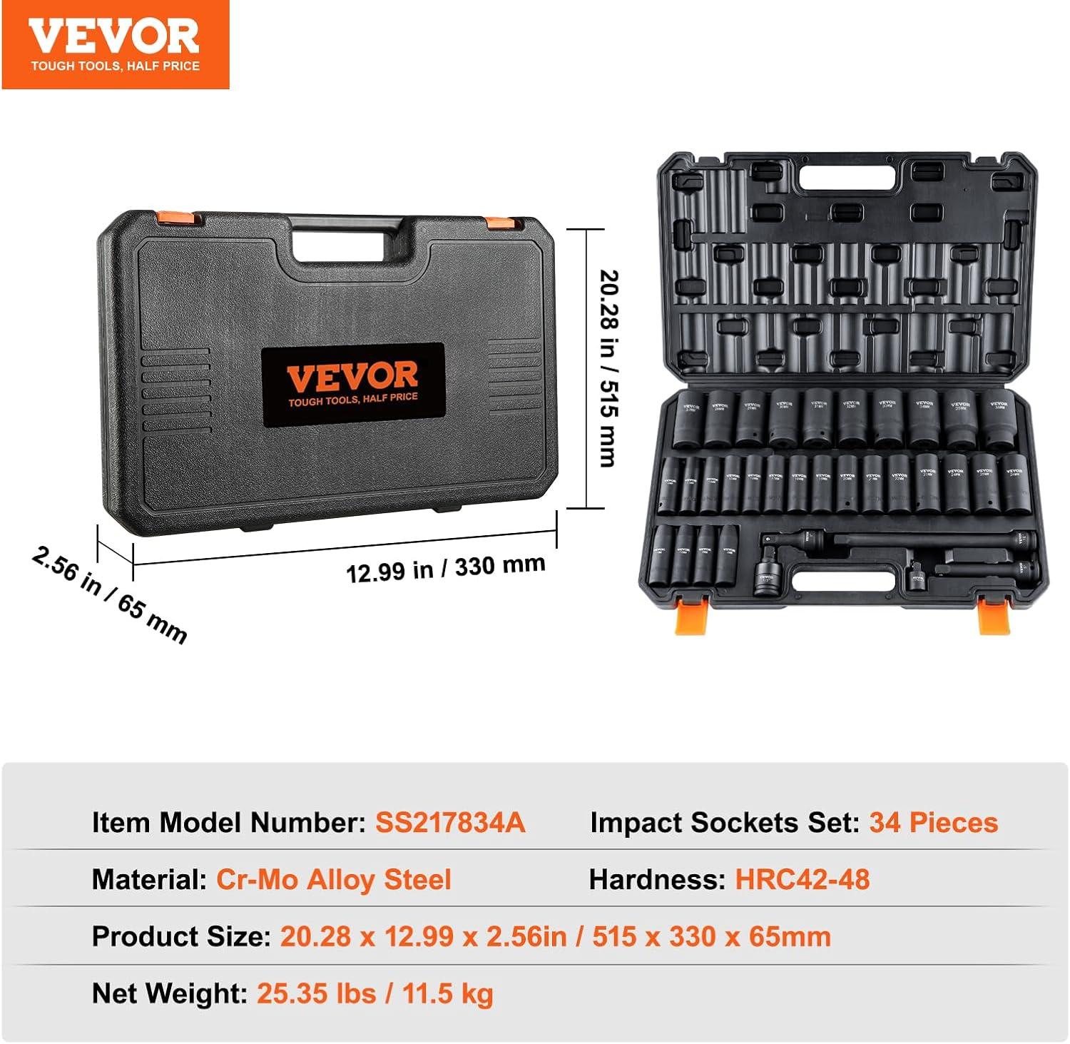 imageVEVOR 12quot Drive Impact Socket Set 65 Piece SAE 38quot to 114quot and Metric 1024mm 6 Point CrV Alloy Steel for Auto Repair EasytoRead Size Markings Rugged Construction Storage Case12 34PCS CRMO