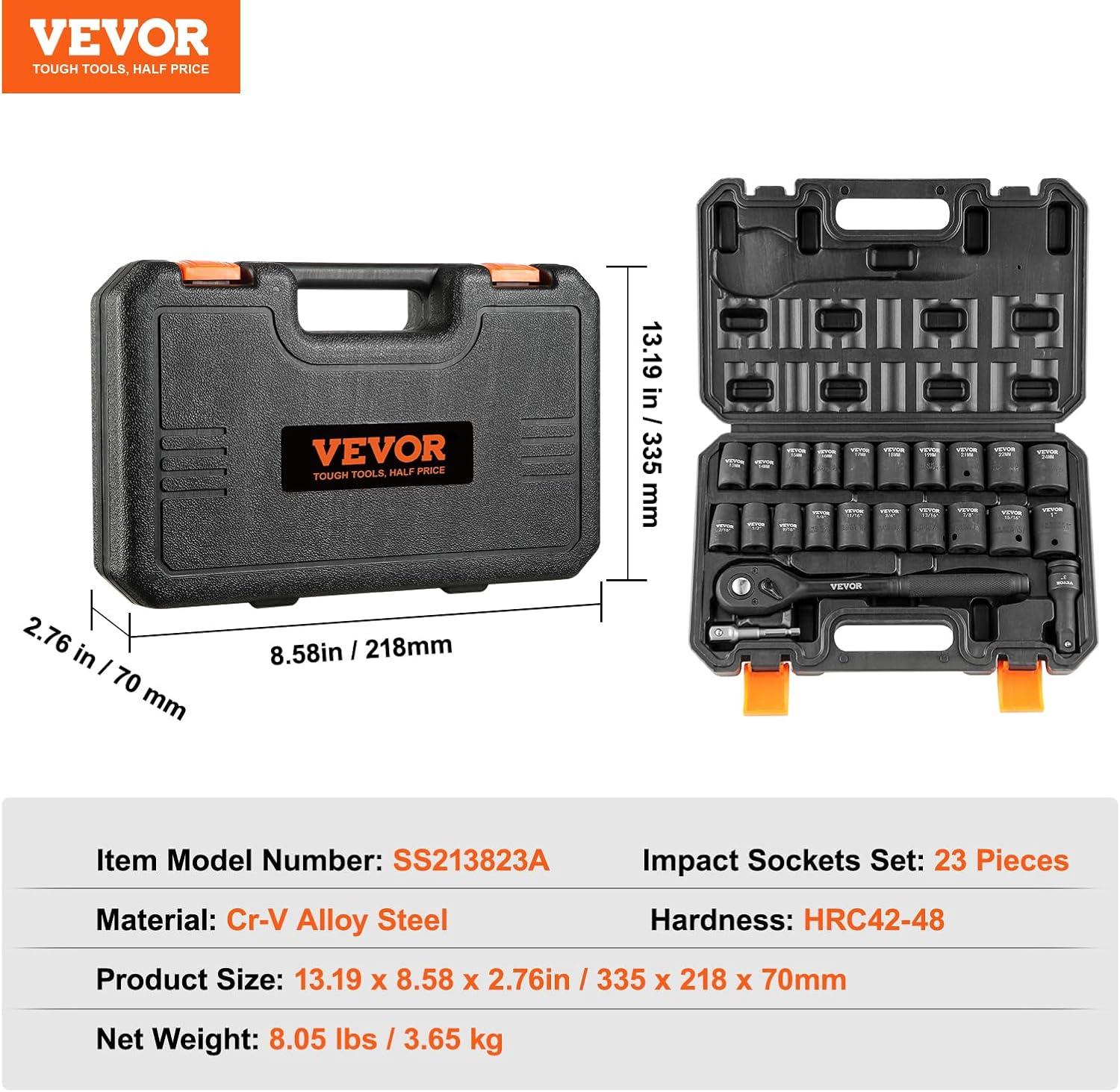 imageVEVOR 12quot Drive Impact Socket Set 65 Piece SAE 38quot to 114quot and Metric 1024mm 6 Point CrV Alloy Steel for Auto Repair EasytoRead Size Markings Rugged Construction Storage Case12 23PCS
