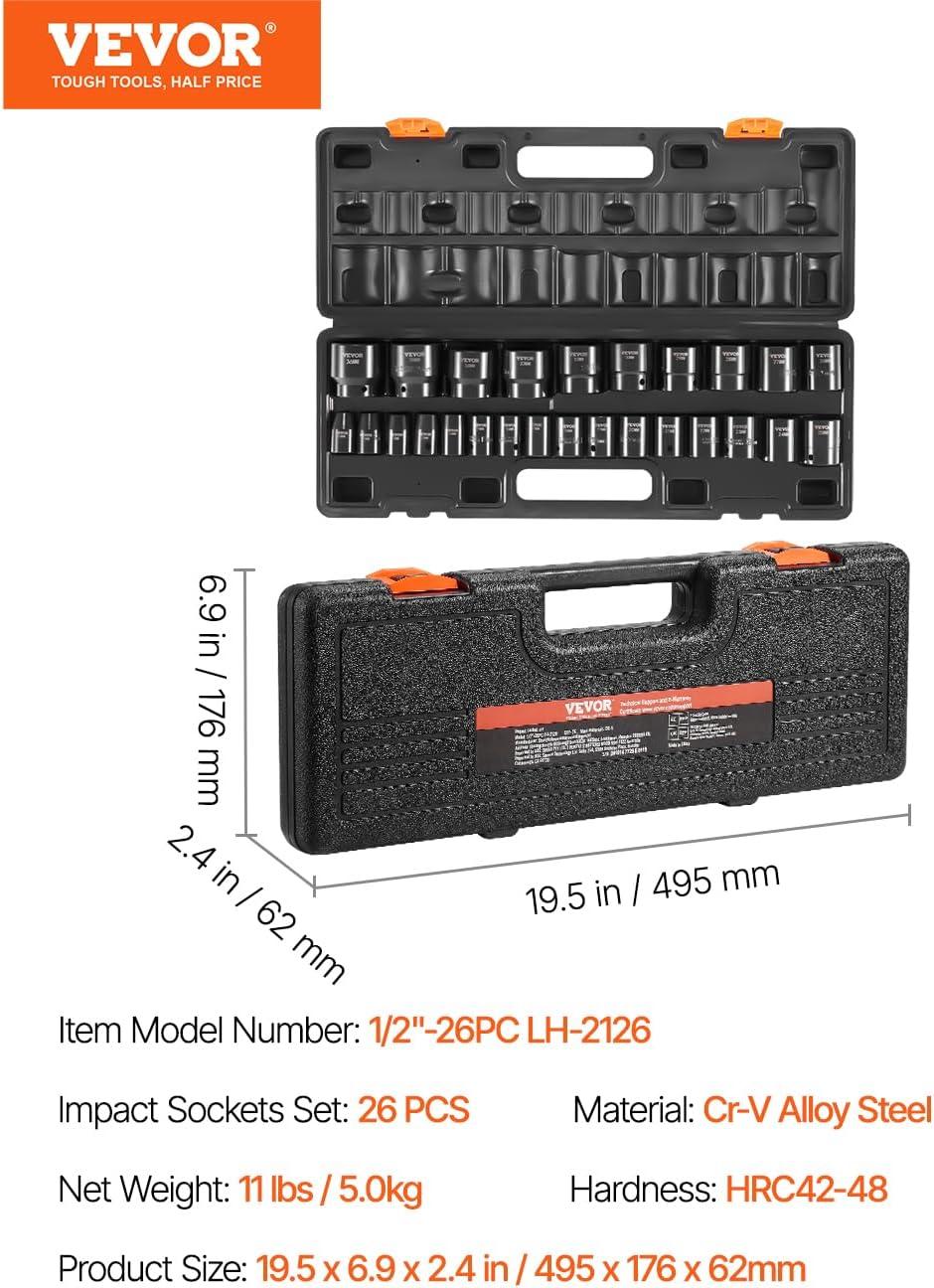 imageVEVOR 12quot Drive Impact Socket Set 65 Piece SAE 38quot to 114quot and Metric 1024mm 6 Point CrV Alloy Steel for Auto Repair EasytoRead Size Markings Rugged Construction Storage Case12 26PCS