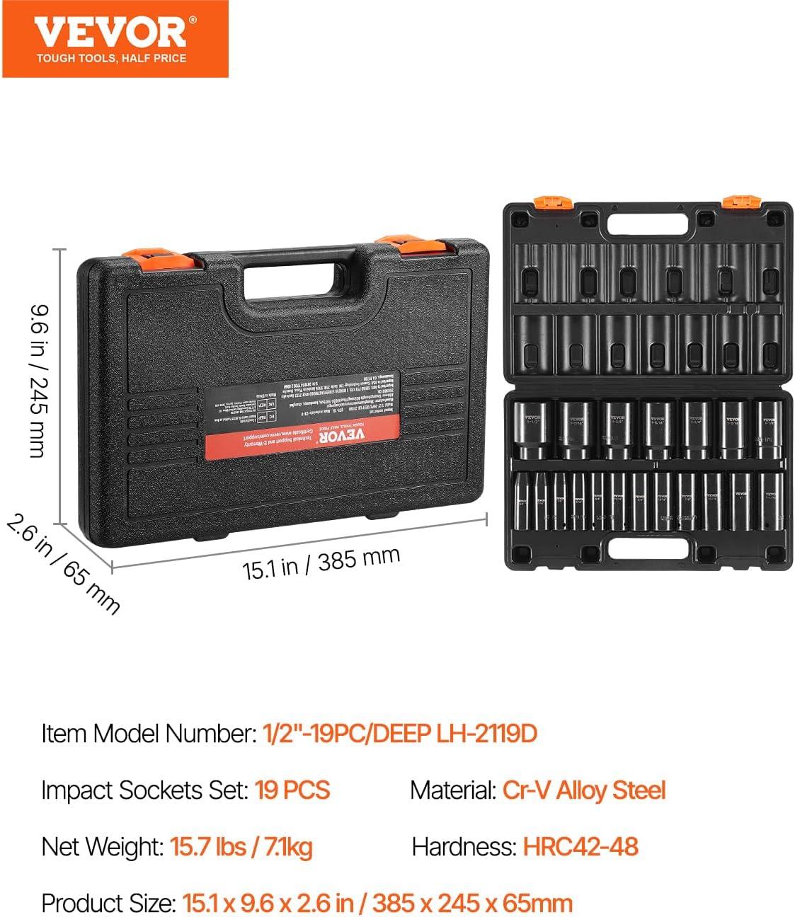 imageVEVOR 12quot Drive Impact Socket Set 65 Piece SAE 38quot to 114quot and Metric 1024mm 6 Point CrV Alloy Steel for Auto Repair EasytoRead Size Markings Rugged Construction Storage Case12 18PCS