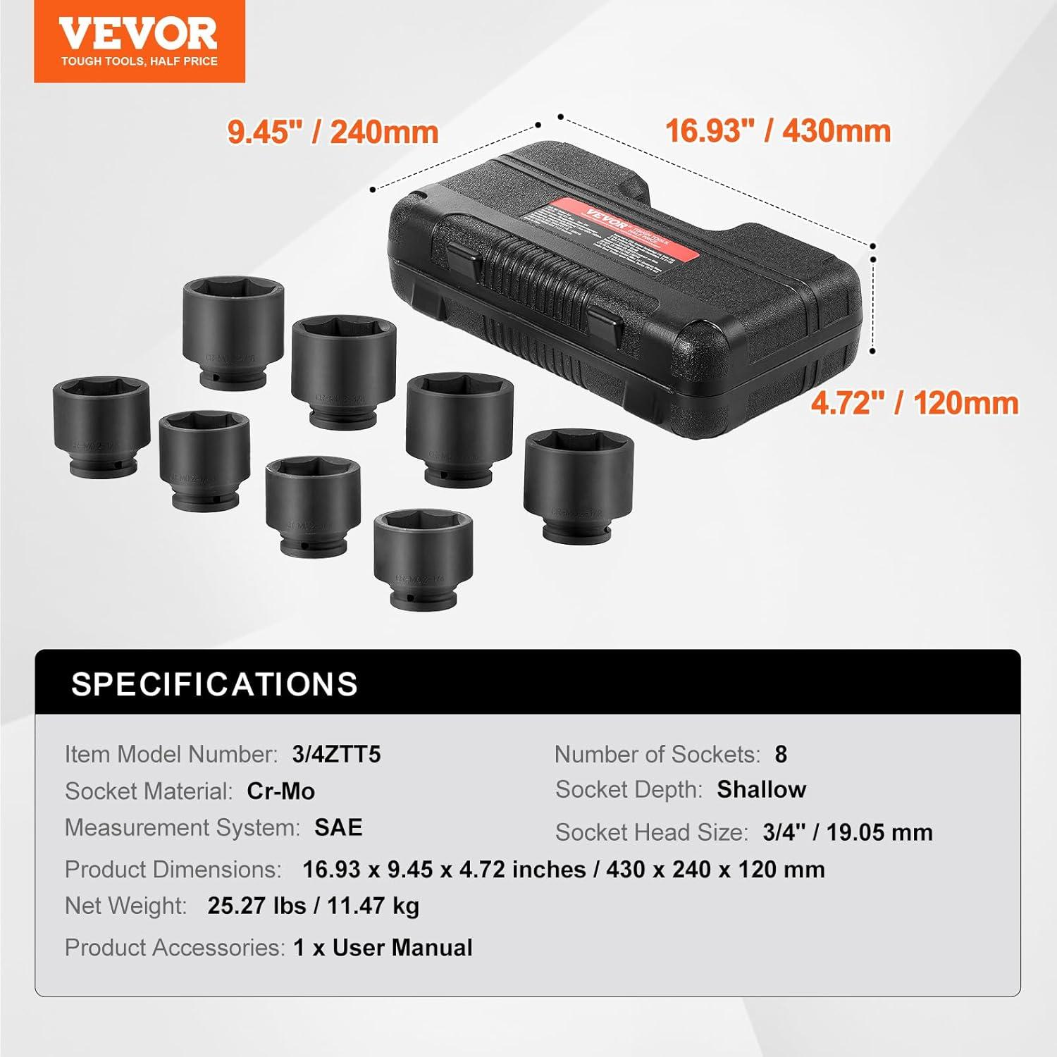 imageVEVOR 12quot Drive Impact Socket Set 65 Piece SAE 38quot to 114quot and Metric 1024mm 6 Point CrV Alloy Steel for Auto Repair EasytoRead Size Markings Rugged Construction Storage Case34 8PCS CRMO