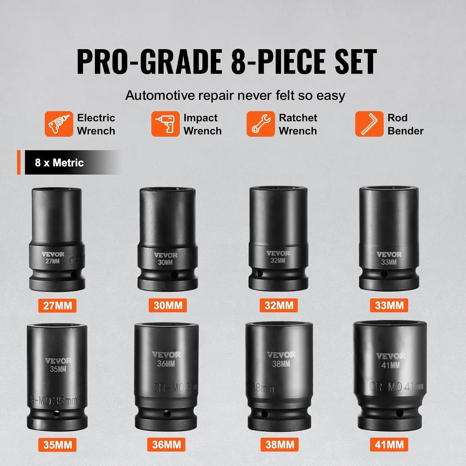 imageVEVOR 12quot Drive Impact Socket Set 65 Piece SAE 38quot to 114quot and Metric 1024mm 6 Point CrV Alloy Steel for Auto Repair EasytoRead Size Markings Rugged Construction Storage Case1 8PCS CRMO