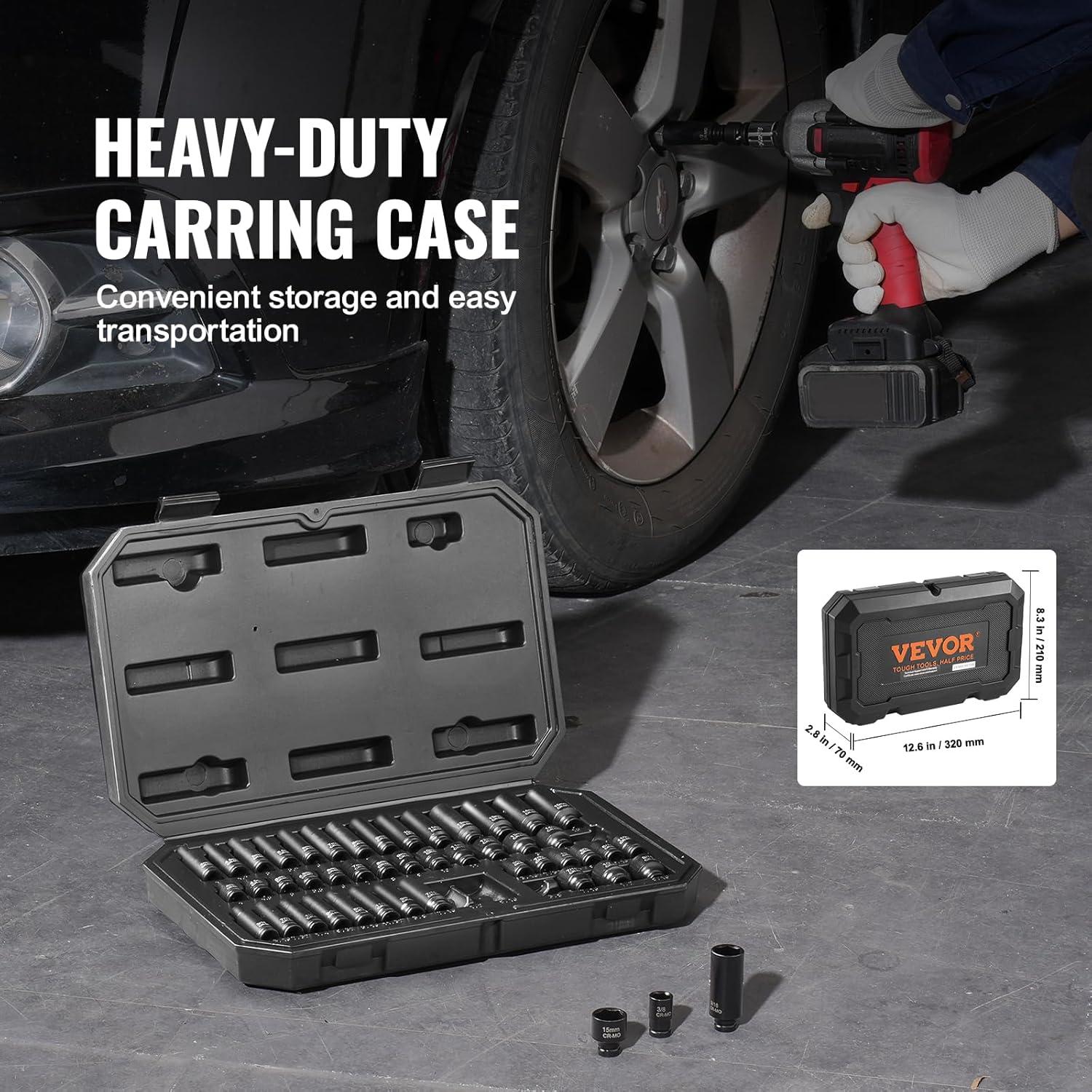 imageVEVOR 12quot Drive Impact Socket Set 65 Piece SAE 38quot to 114quot and Metric 1024mm 6 Point CrV Alloy Steel for Auto Repair EasytoRead Size Markings Rugged Construction Storage Case14 48PCS CRMO