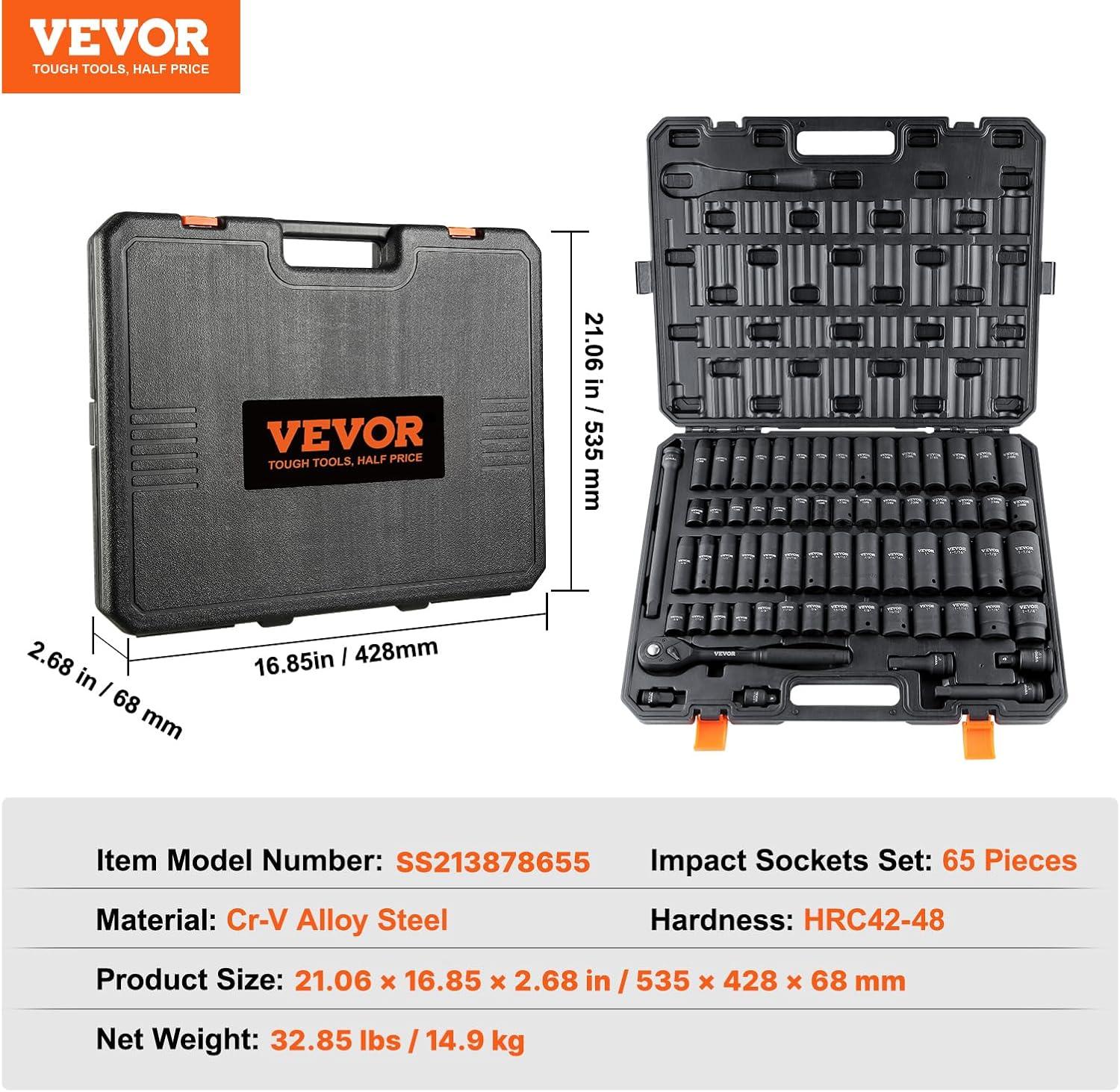 imageVEVOR 12quot Drive Impact Socket Set 65 Piece SAE 38quot to 114quot and Metric 1024mm 6 Point CrV Alloy Steel for Auto Repair EasytoRead Size Markings Rugged Construction Storage Case12 65PCS