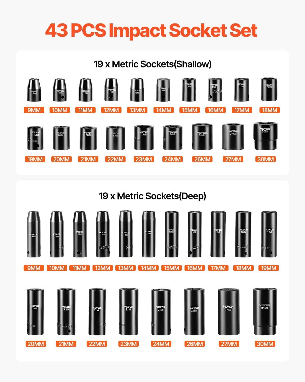 imageVEVOR 12quot Drive Impact Socket Set 65 Piece SAE 38quot to 114quot and Metric 1024mm 6 Point CrV Alloy Steel for Auto Repair EasytoRead Size Markings Rugged Construction Storage Case12 43PCS