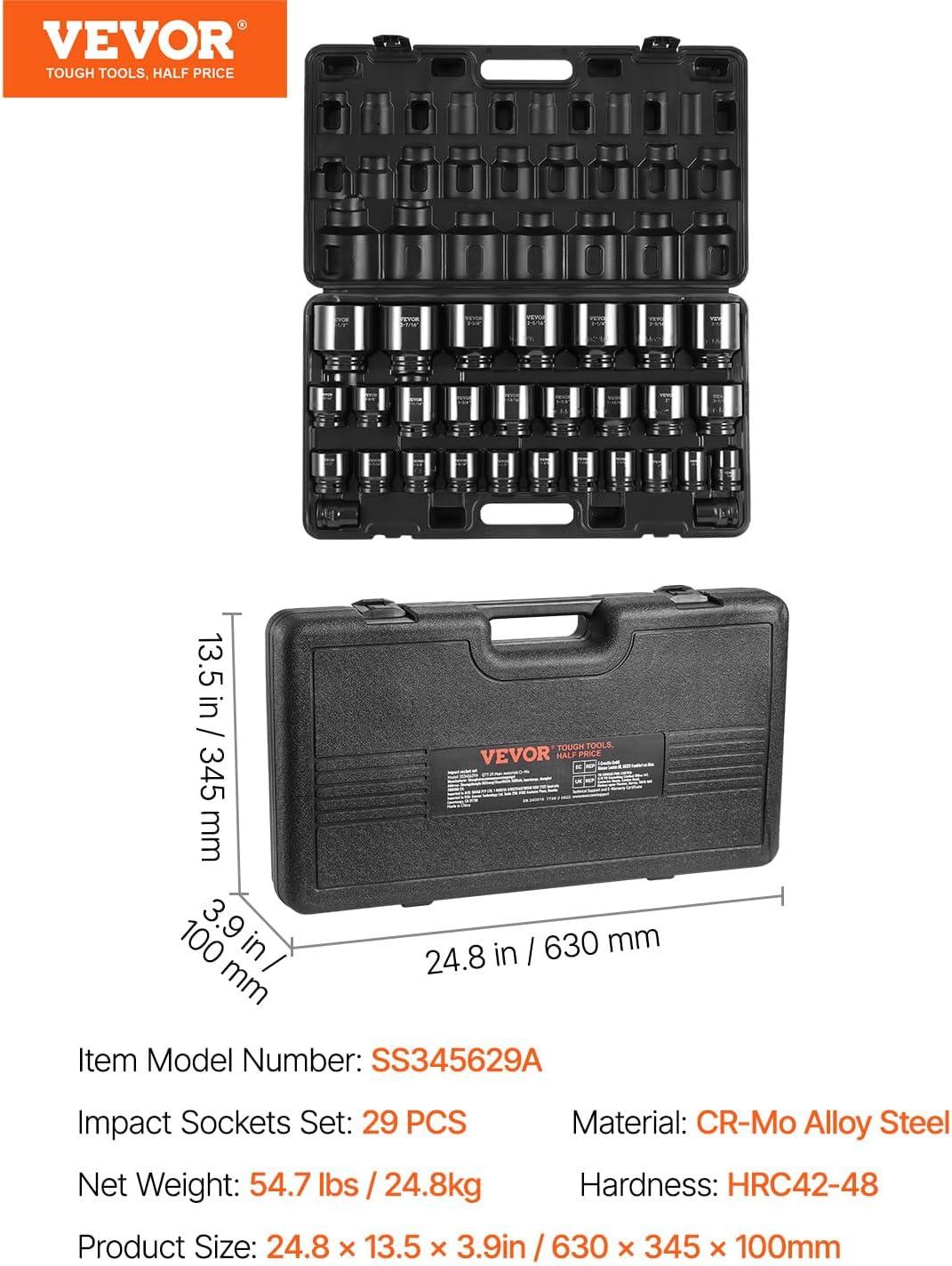 imageVEVOR 12quot Drive Impact Socket Set 65 Piece SAE 38quot to 114quot and Metric 1024mm 6 Point CrV Alloy Steel for Auto Repair EasytoRead Size Markings Rugged Construction Storage Case34 29PCS CRMO