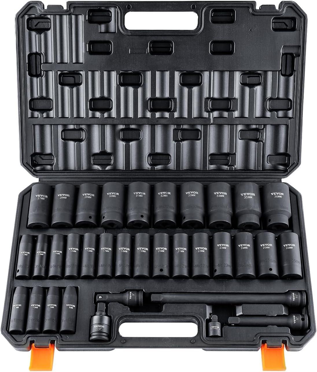 imageVEVOR 12quot Drive Impact Socket Set 65 Piece SAE 38quot to 114quot and Metric 1024mm 6 Point CrV Alloy Steel for Auto Repair EasytoRead Size Markings Rugged Construction Storage Case12 34PCS CRMO