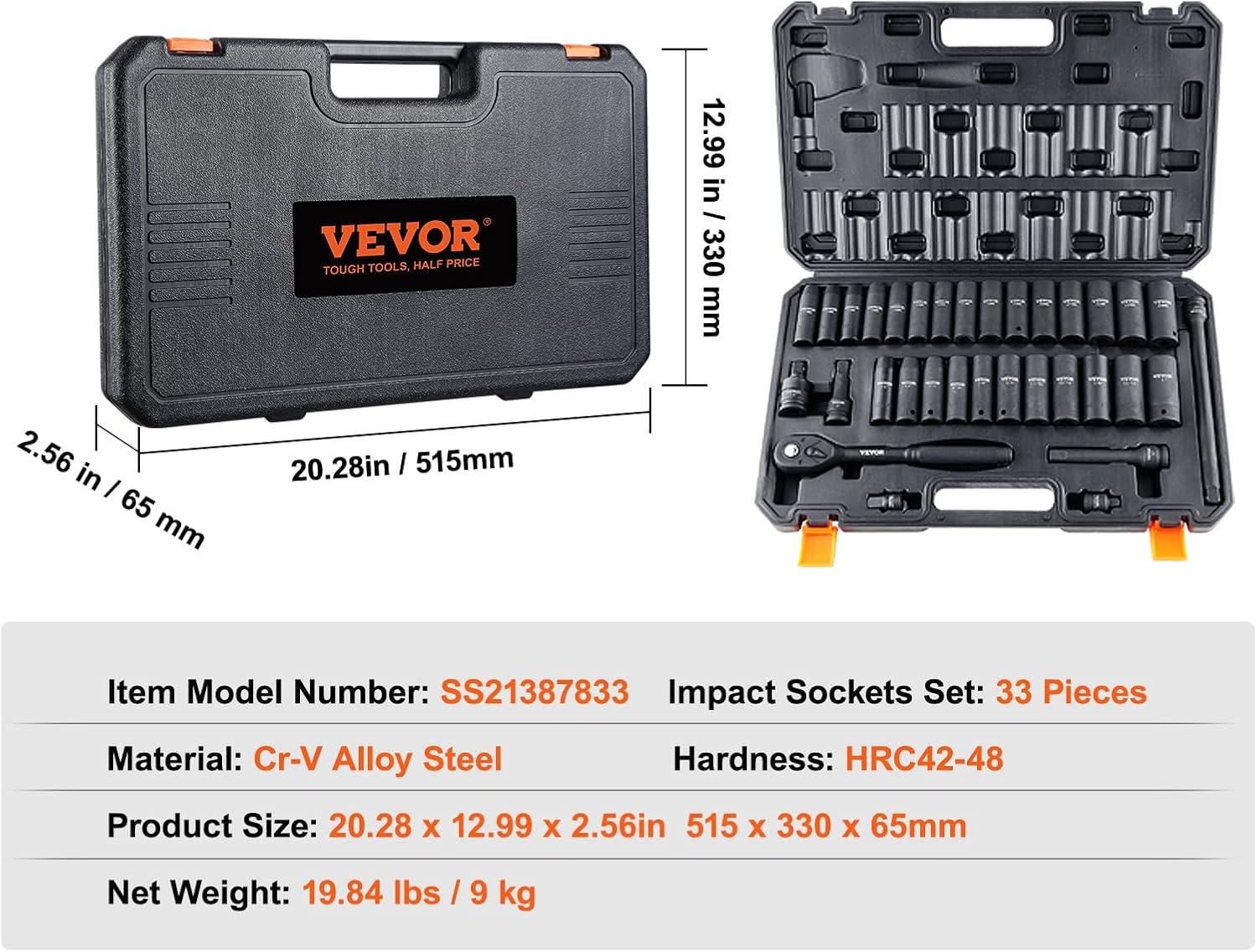 imageVEVOR 12quot Drive Impact Socket Set 65 Piece SAE 38quot to 114quot and Metric 1024mm 6 Point CrV Alloy Steel for Auto Repair EasytoRead Size Markings Rugged Construction Storage Case12 33PCS