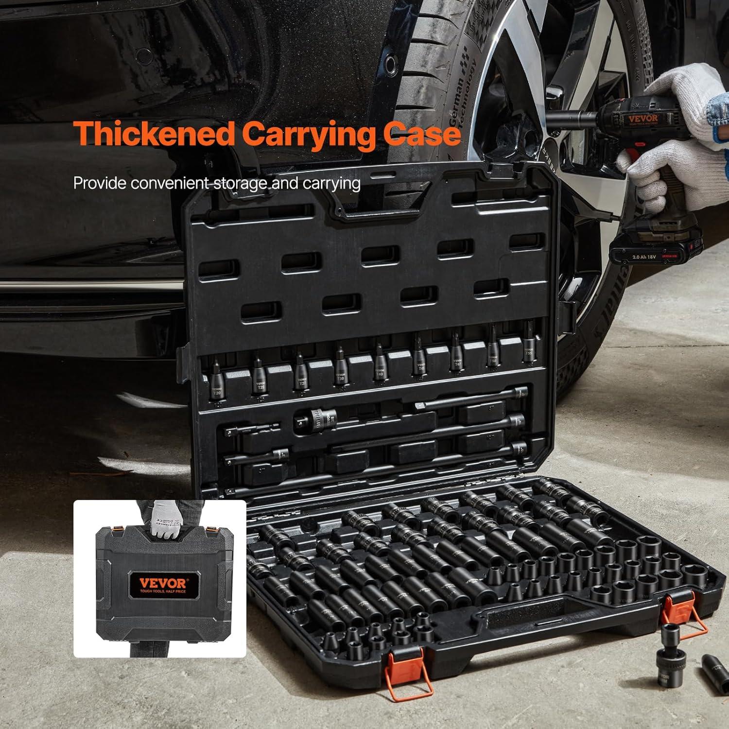 imageVEVOR 12quot Drive Impact Socket Set 65 Piece SAE 38quot to 114quot and Metric 1024mm 6 Point CrV Alloy Steel for Auto Repair EasytoRead Size Markings Rugged Construction Storage Case38 90PCS CRMO