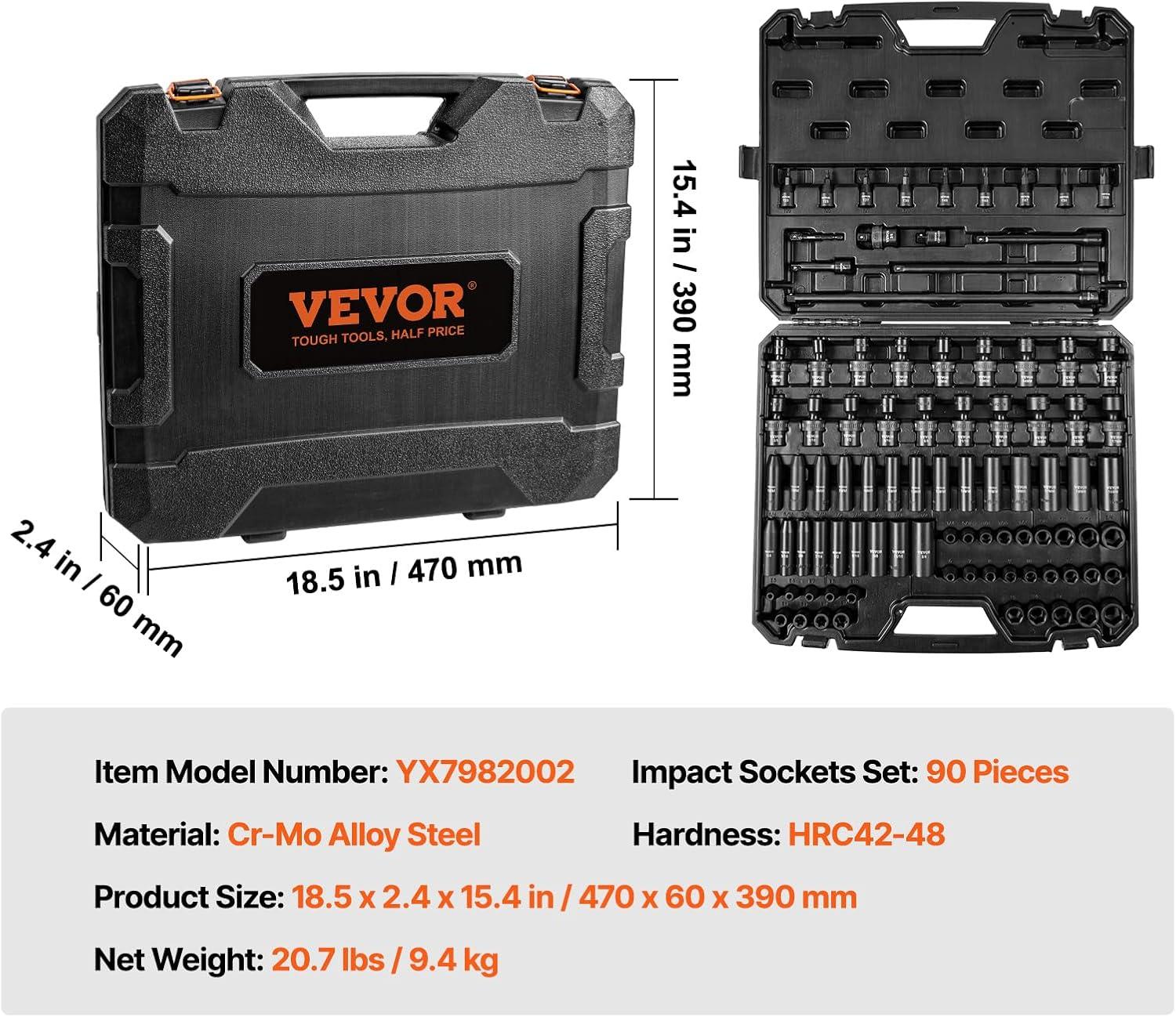 imageVEVOR 12quot Drive Impact Socket Set 65 Piece SAE 38quot to 114quot and Metric 1024mm 6 Point CrV Alloy Steel for Auto Repair EasytoRead Size Markings Rugged Construction Storage Case38 90PCS CRMO
