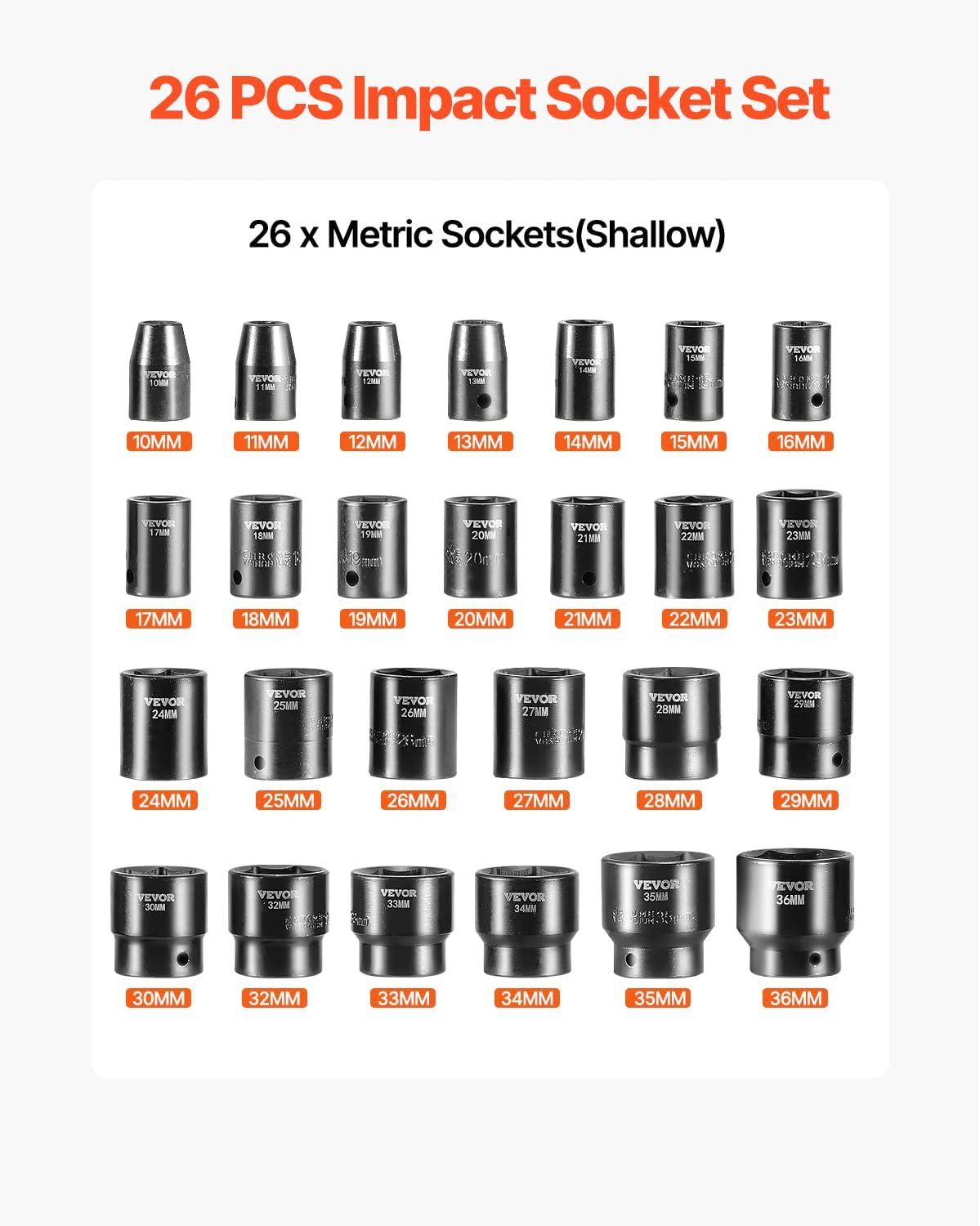 imageVEVOR 12quot Drive Impact Socket Set 65 Piece SAE 38quot to 114quot and Metric 1024mm 6 Point CrV Alloy Steel for Auto Repair EasytoRead Size Markings Rugged Construction Storage Case12 26PCS