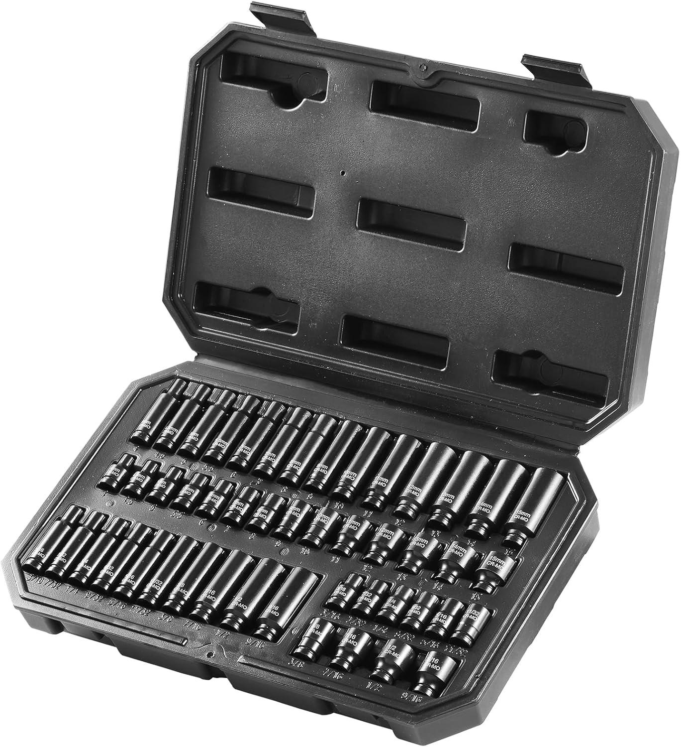 imageVEVOR 12quot Drive Impact Socket Set 65 Piece SAE 38quot to 114quot and Metric 1024mm 6 Point CrV Alloy Steel for Auto Repair EasytoRead Size Markings Rugged Construction Storage Case14 48PCS CRMO
