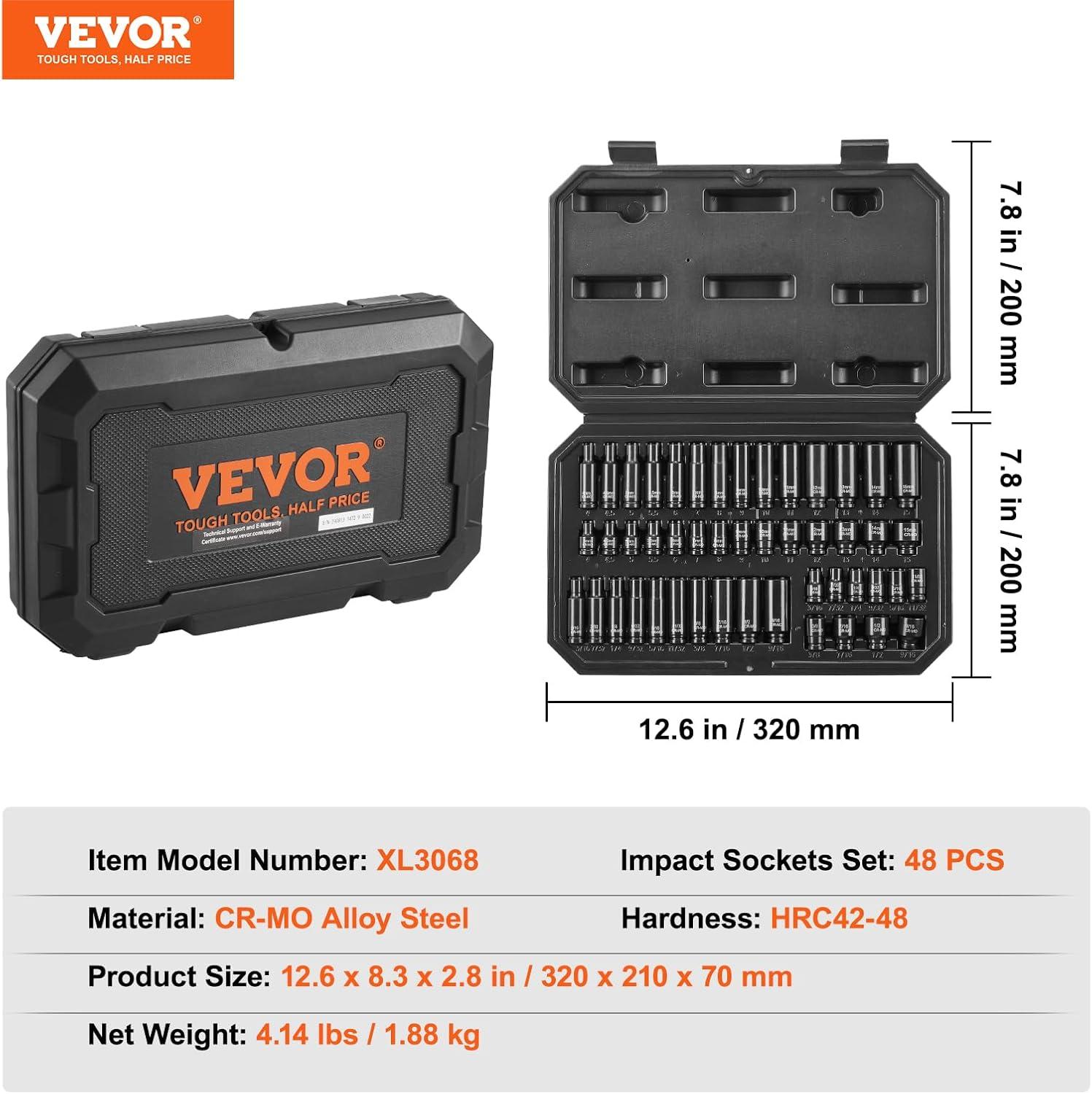 imageVEVOR 12quot Drive Impact Socket Set 65 Piece SAE 38quot to 114quot and Metric 1024mm 6 Point CrV Alloy Steel for Auto Repair EasytoRead Size Markings Rugged Construction Storage Case14 48PCS CRMO
