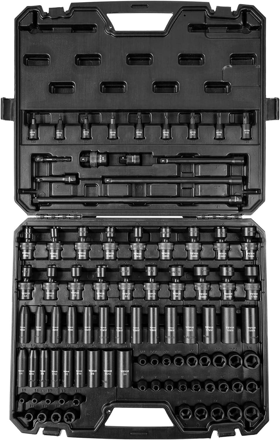 imageVEVOR 12quot Drive Impact Socket Set 65 Piece SAE 38quot to 114quot and Metric 1024mm 6 Point CrV Alloy Steel for Auto Repair EasytoRead Size Markings Rugged Construction Storage Case38 90PCS CRMO