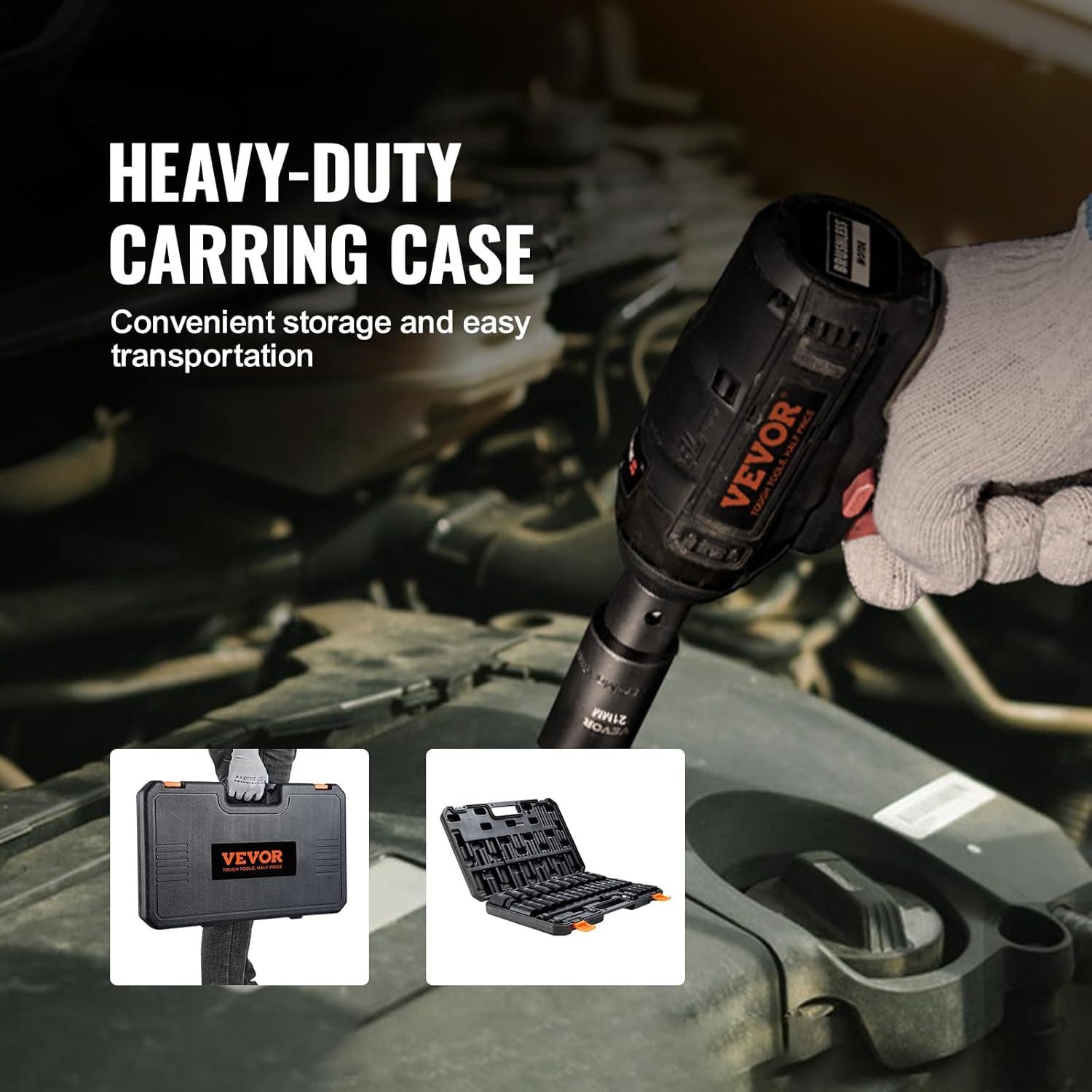 imageVEVOR 12quot Drive Impact Socket Set 65 Piece SAE 38quot to 114quot and Metric 1024mm 6 Point CrV Alloy Steel for Auto Repair EasytoRead Size Markings Rugged Construction Storage Case12 34PCS CRMO