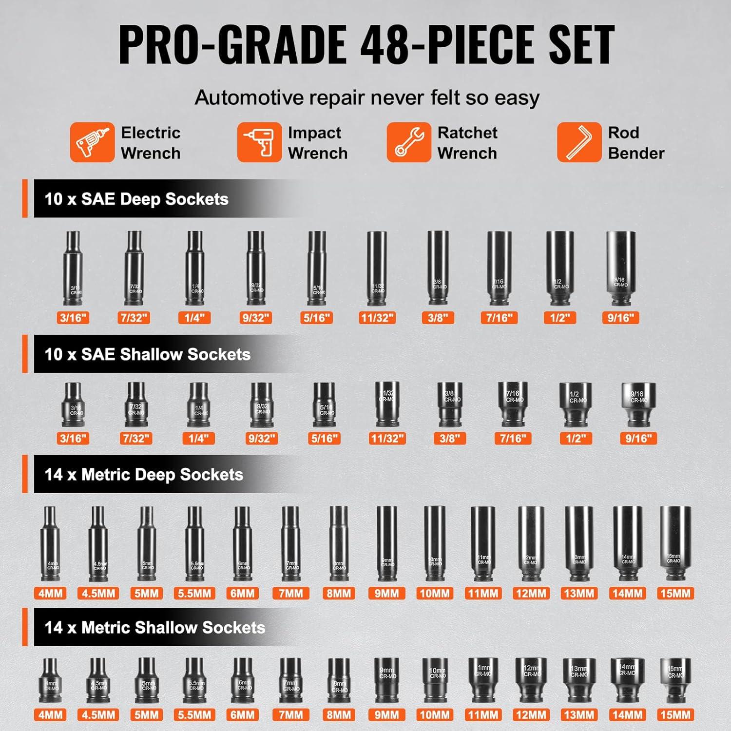 imageVEVOR 12quot Drive Impact Socket Set 65 Piece SAE 38quot to 114quot and Metric 1024mm 6 Point CrV Alloy Steel for Auto Repair EasytoRead Size Markings Rugged Construction Storage Case14 48PCS CRMO