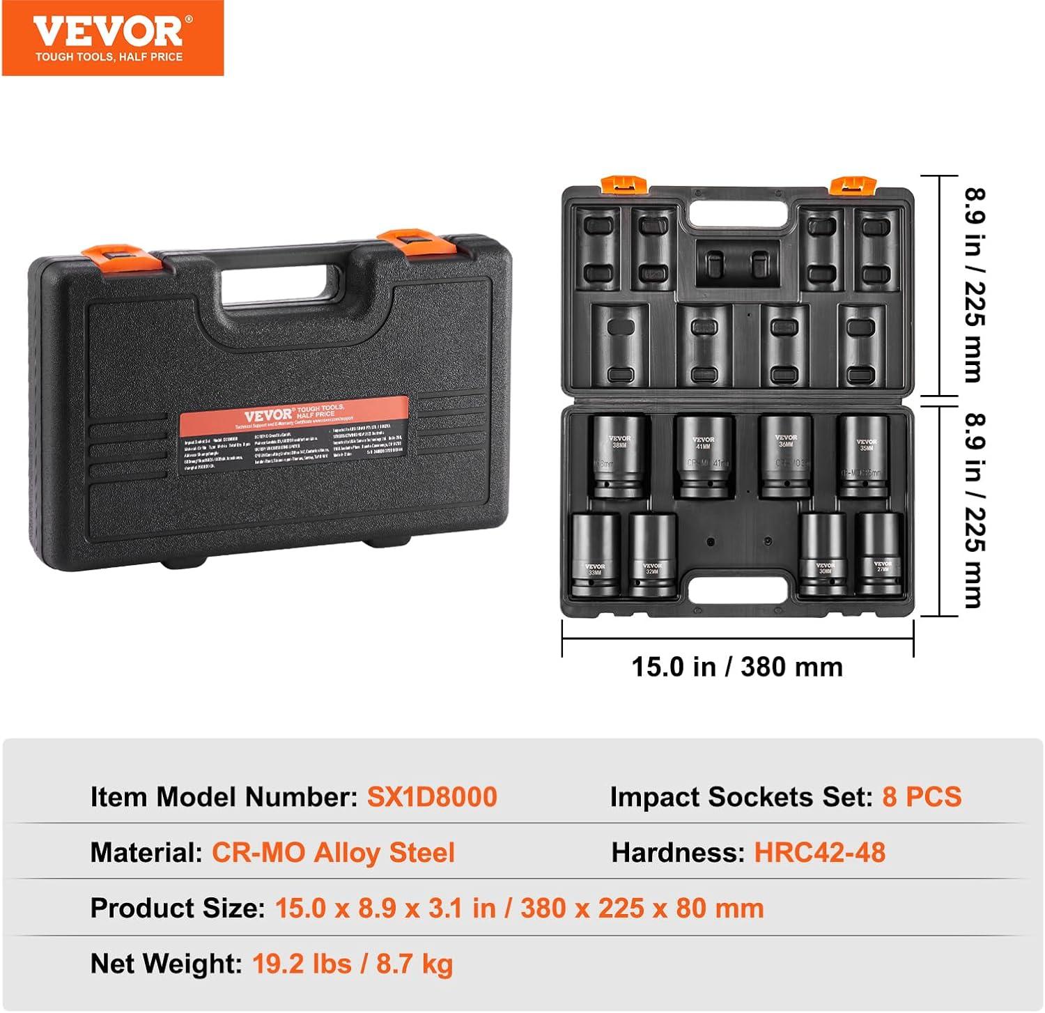 imageVEVOR 12quot Drive Impact Socket Set 65 Piece SAE 38quot to 114quot and Metric 1024mm 6 Point CrV Alloy Steel for Auto Repair EasytoRead Size Markings Rugged Construction Storage Case1 8PCS CRMO