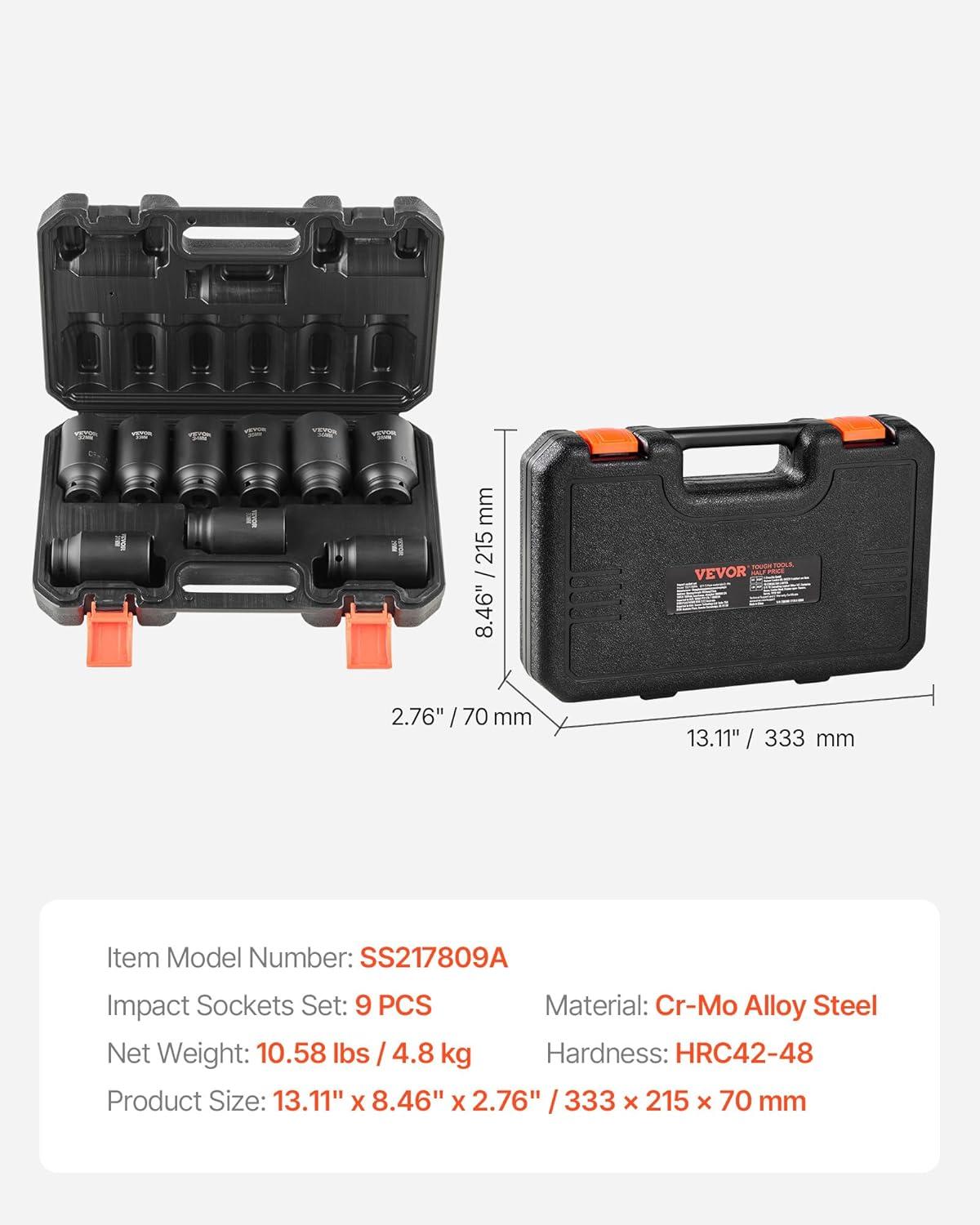 imageVEVOR 12quot Drive Impact Socket Set 65 Piece SAE 38quot to 114quot and Metric 1024mm 6 Point CrV Alloy Steel for Auto Repair EasytoRead Size Markings Rugged Construction Storage Case12 9PCS CRMO