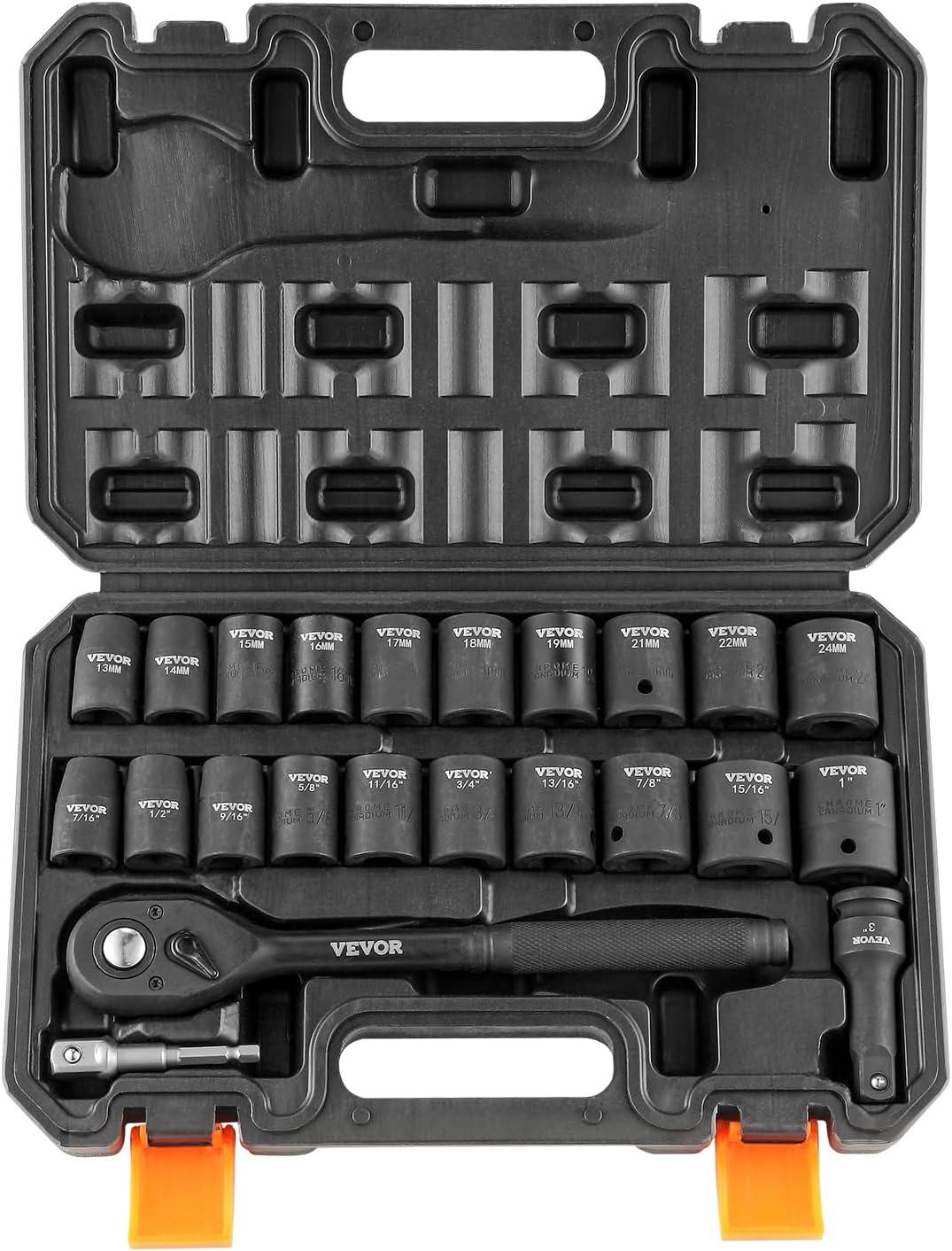 imageVEVOR 12quot Drive Impact Socket Set 65 Piece SAE 38quot to 114quot and Metric 1024mm 6 Point CrV Alloy Steel for Auto Repair EasytoRead Size Markings Rugged Construction Storage Case12 23PCS