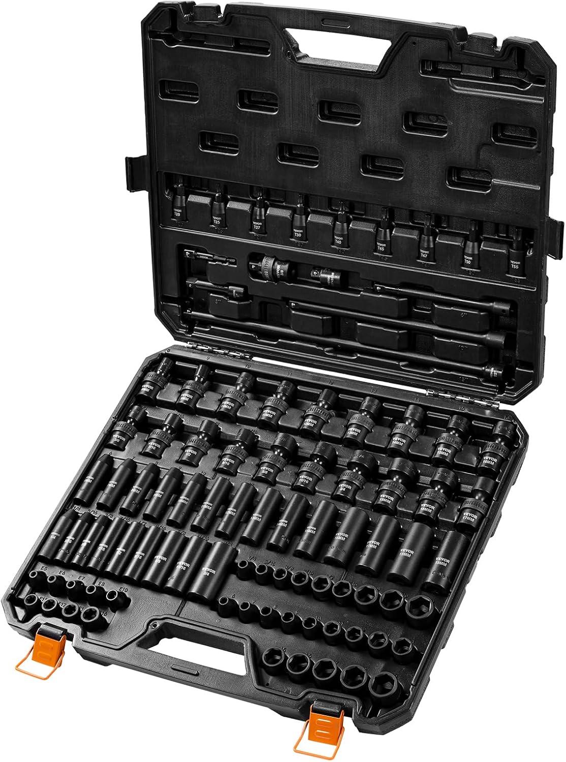 imageVEVOR 12quot Drive Impact Socket Set 65 Piece SAE 38quot to 114quot and Metric 1024mm 6 Point CrV Alloy Steel for Auto Repair EasytoRead Size Markings Rugged Construction Storage Case38 90PCS CRMO