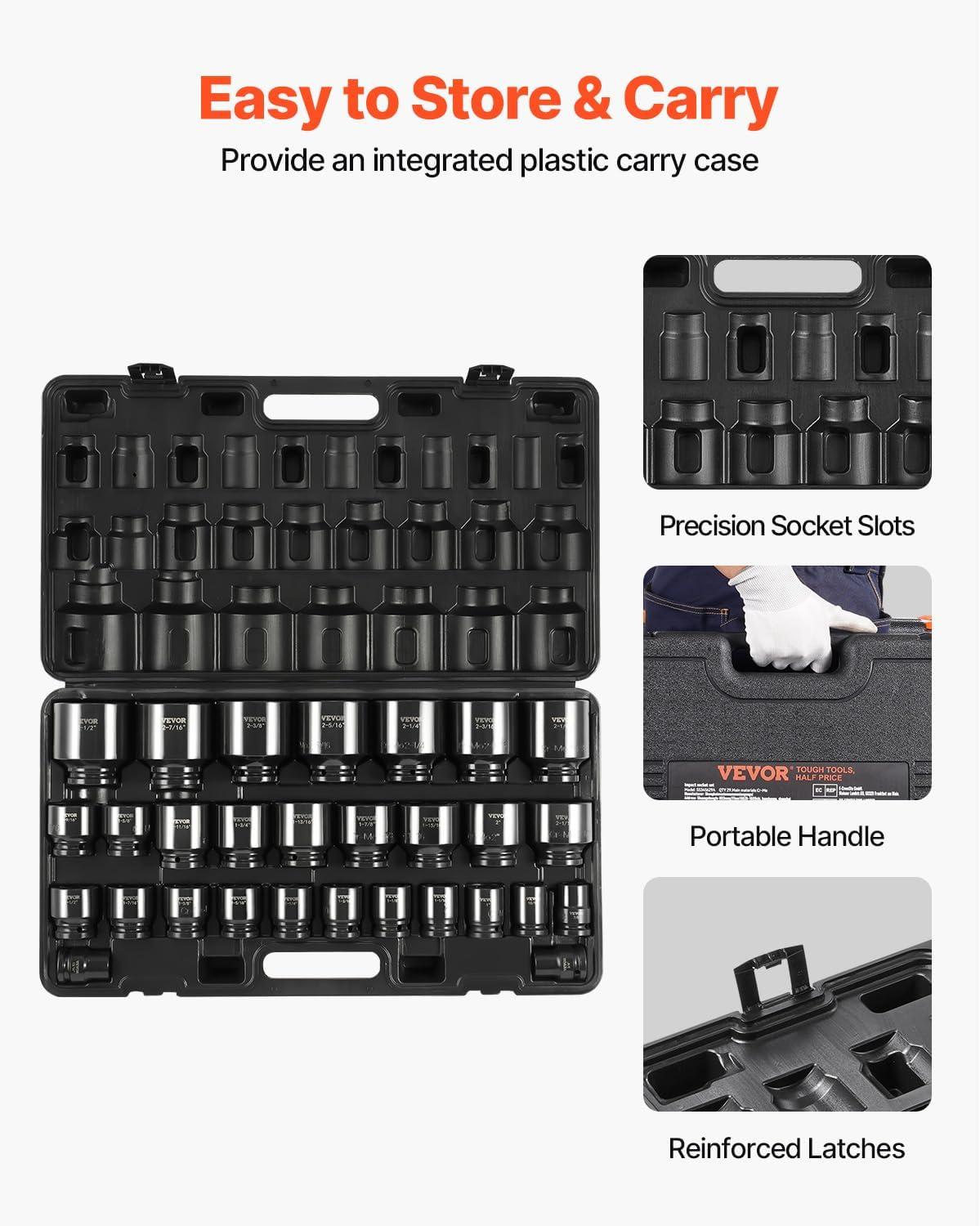imageVEVOR 12quot Drive Impact Socket Set 65 Piece SAE 38quot to 114quot and Metric 1024mm 6 Point CrV Alloy Steel for Auto Repair EasytoRead Size Markings Rugged Construction Storage Case34 29PCS CRMO