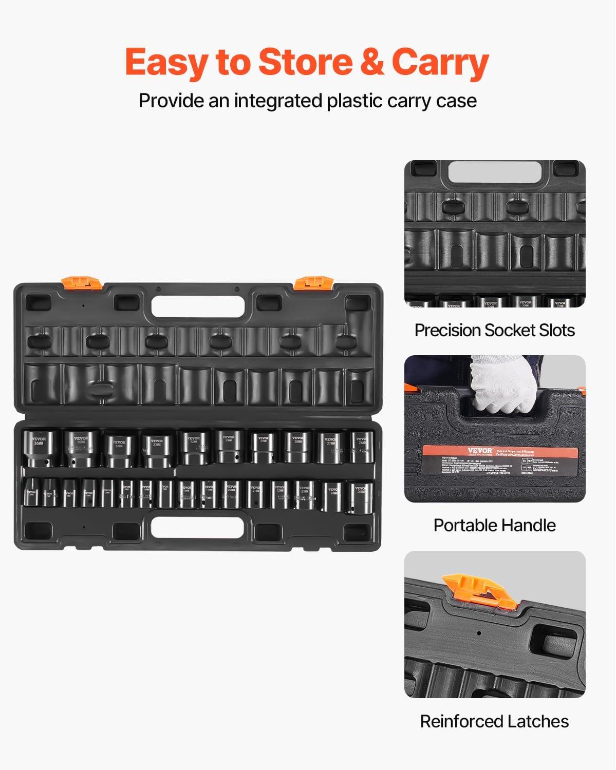 imageVEVOR 12quot Drive Impact Socket Set 65 Piece SAE 38quot to 114quot and Metric 1024mm 6 Point CrV Alloy Steel for Auto Repair EasytoRead Size Markings Rugged Construction Storage Case12 26PCS