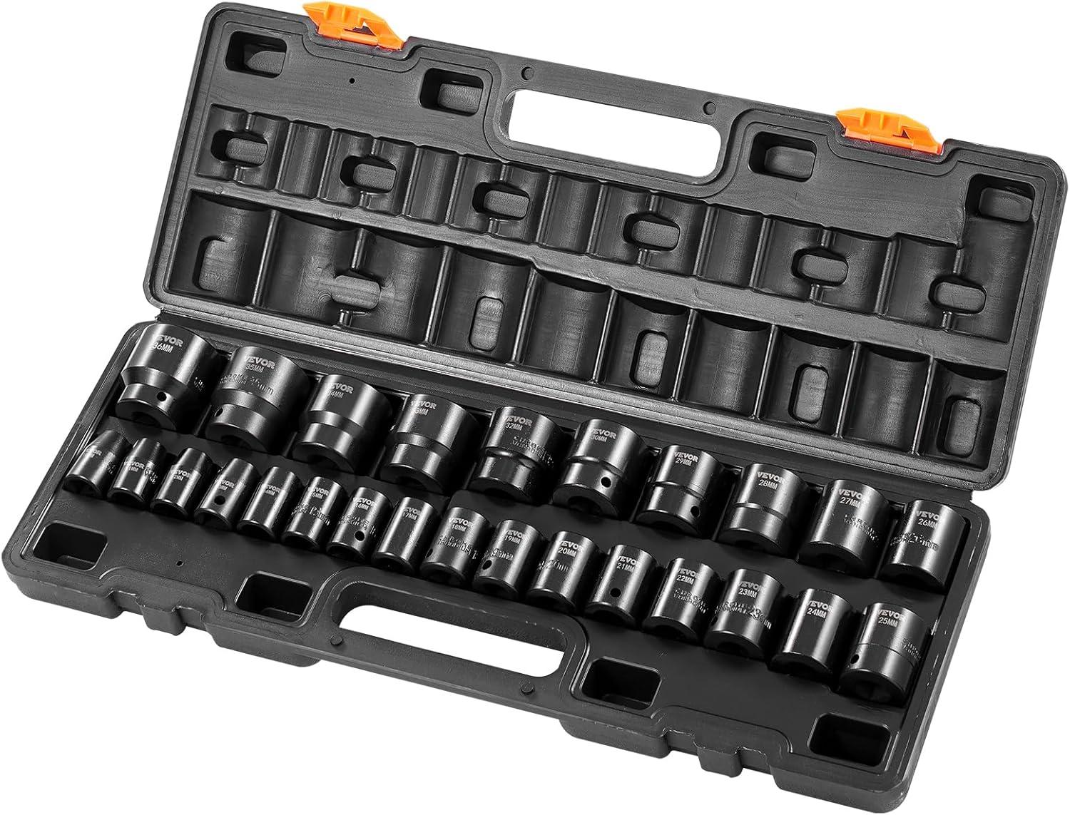 imageVEVOR 12quot Drive Impact Socket Set 65 Piece SAE 38quot to 114quot and Metric 1024mm 6 Point CrV Alloy Steel for Auto Repair EasytoRead Size Markings Rugged Construction Storage Case12 26PCS