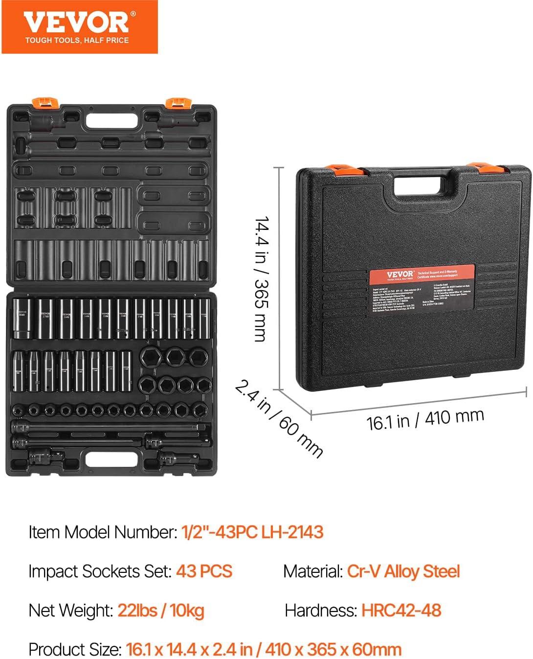 imageVEVOR 12quot Drive Impact Socket Set 65 Piece SAE 38quot to 114quot and Metric 1024mm 6 Point CrV Alloy Steel for Auto Repair EasytoRead Size Markings Rugged Construction Storage Case12 43PCS