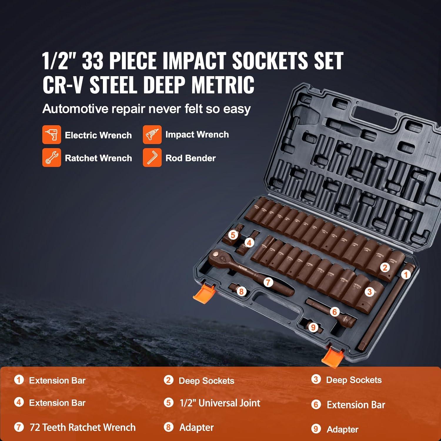 imageVEVOR 12quot Drive Impact Socket Set 65 Piece SAE 38quot to 114quot and Metric 1024mm 6 Point CrV Alloy Steel for Auto Repair EasytoRead Size Markings Rugged Construction Storage Case12 33PCS