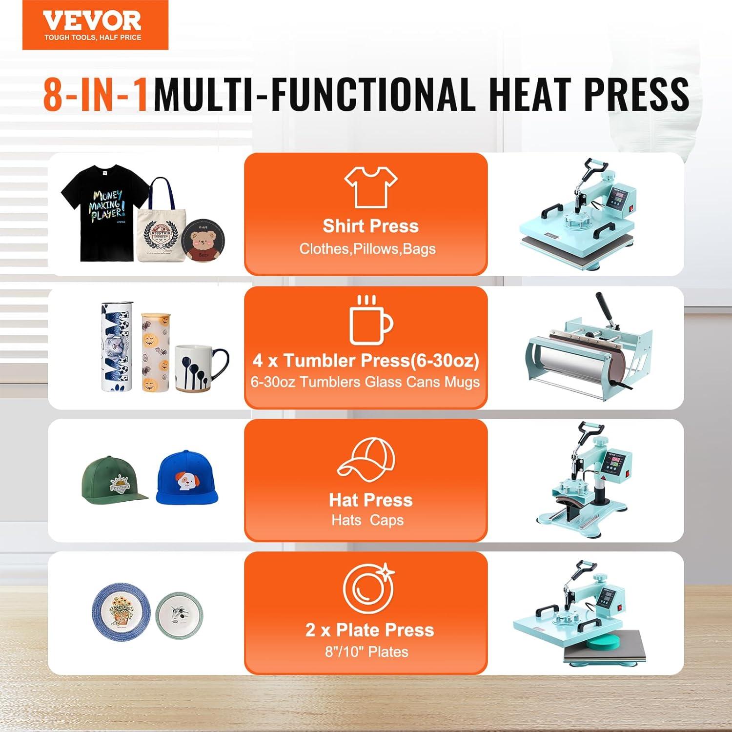imageVEVOR 15x15 Heat Press Machine 8 in 1 Combo with 30 OZ Tumbler Press ampamp Hat Press Slide Out Heat Press Sublimation Machine for TShirts Hats Caps Tumblers Glass Cans Mugs and Plates Light Green8in115x1530OZGreen