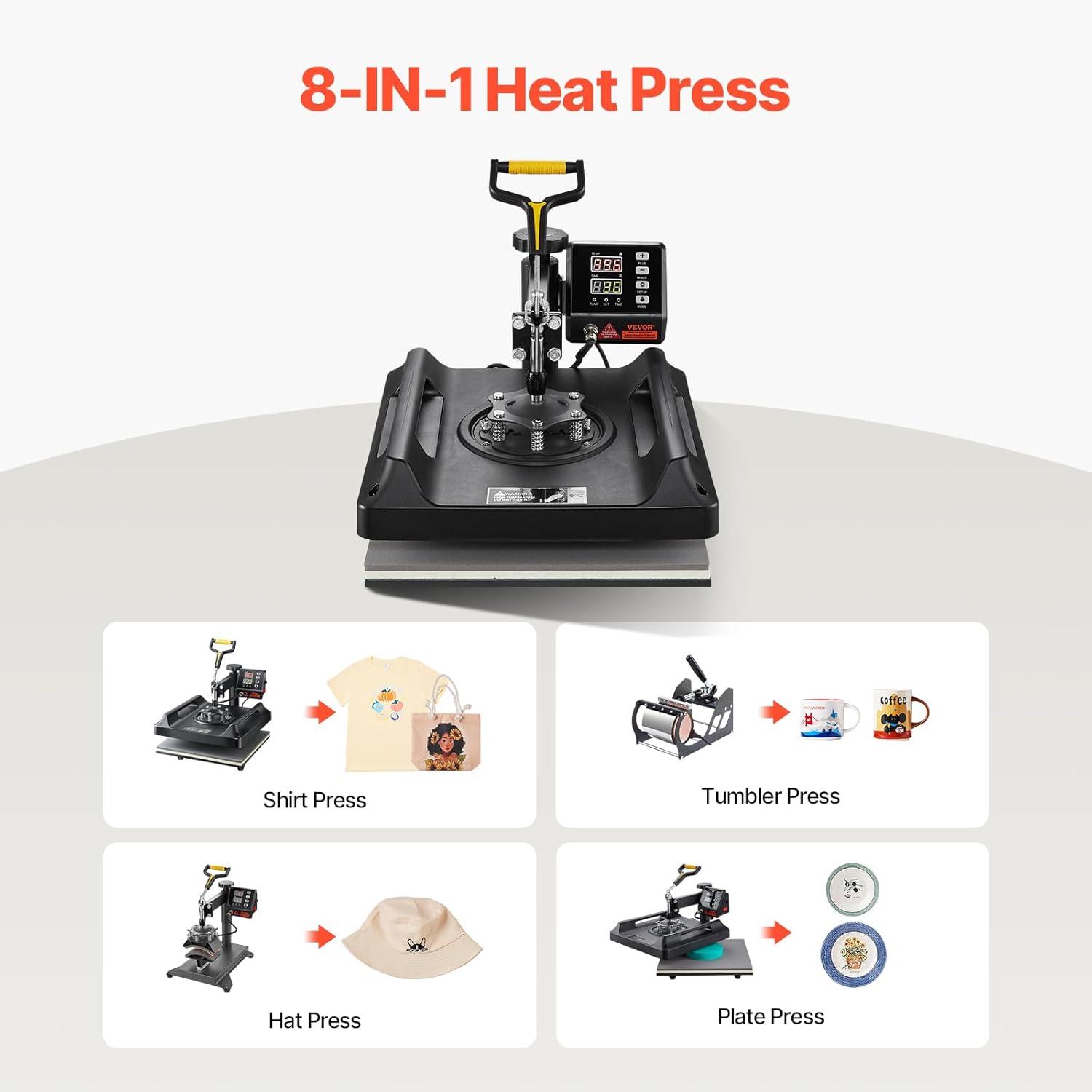 imageVEVOR 15x15 Heat Press Machine 8 in 1 Combo with 30 OZ Tumbler Press ampamp Hat Press Slide Out Heat Press Sublimation Machine for TShirts Hats Caps Tumblers Glass Cans Mugs and Plates Light Green8in115x15Black
