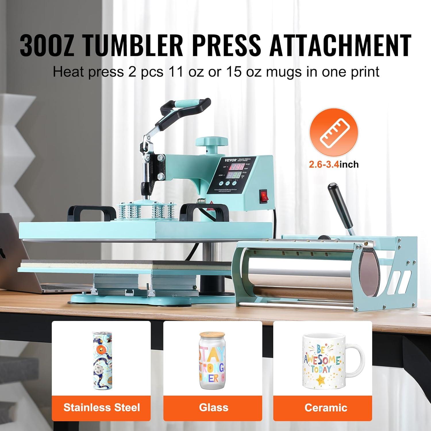 imageVEVOR 15x15 Heat Press Machine 8 in 1 Combo with 30 OZ Tumbler Press ampamp Hat Press Slide Out Heat Press Sublimation Machine for TShirts Hats Caps Tumblers Glass Cans Mugs and Plates Light Green8in115x1530OZGreen
