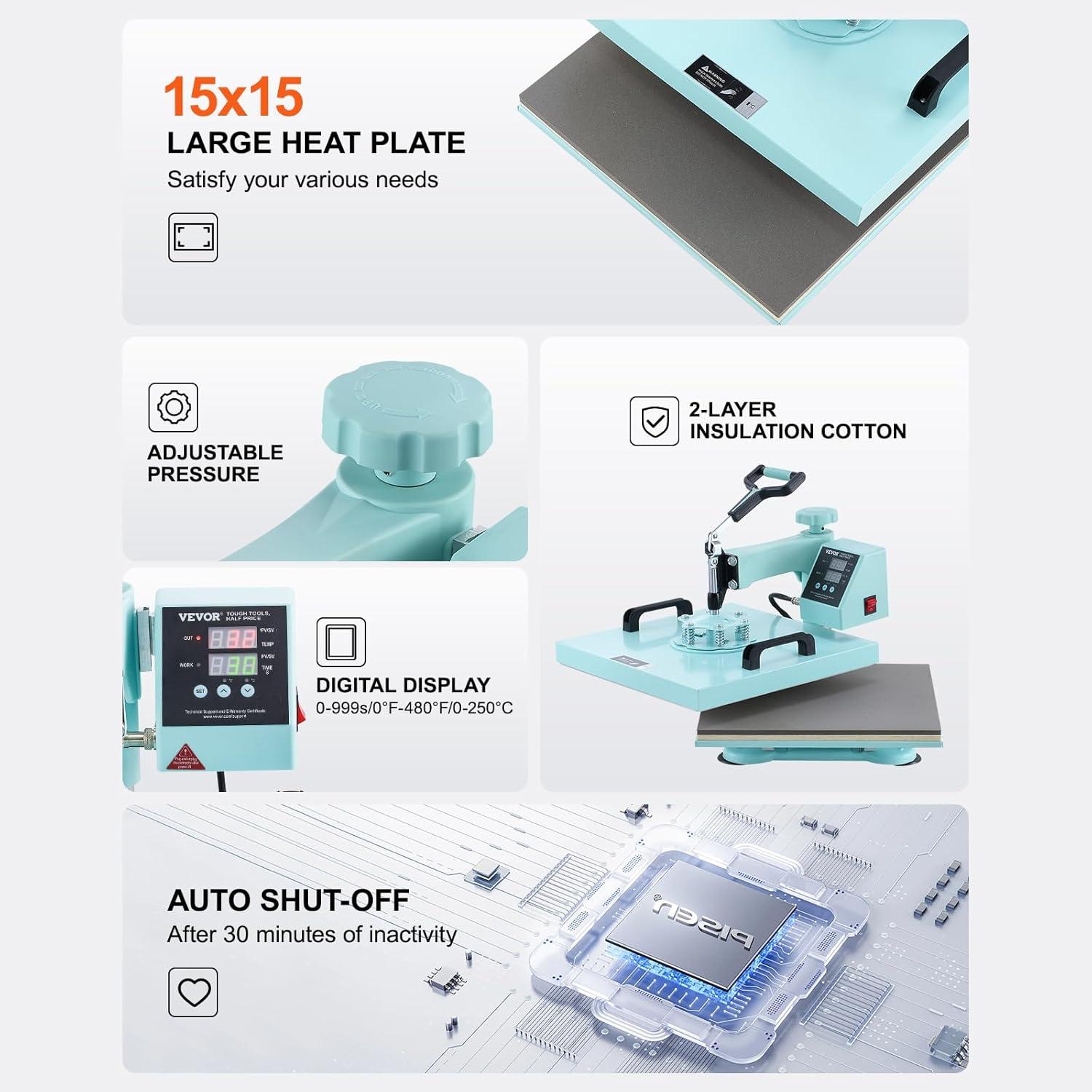 imageVEVOR 15x15 Heat Press Machine 8 in 1 Combo with 30 OZ Tumbler Press ampamp Hat Press Slide Out Heat Press Sublimation Machine for TShirts Hats Caps Tumblers Glass Cans Mugs and Plates Light Green8in115x1530OZGreen