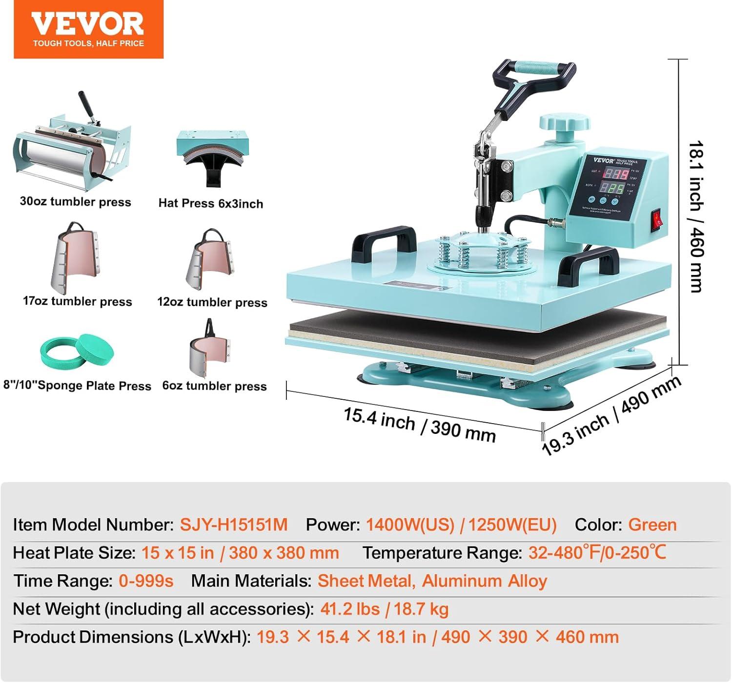 imageVEVOR 15x15 Heat Press Machine 8 in 1 Combo with 30 OZ Tumbler Press ampamp Hat Press Slide Out Heat Press Sublimation Machine for TShirts Hats Caps Tumblers Glass Cans Mugs and Plates Light Green8in115x1530OZGreen