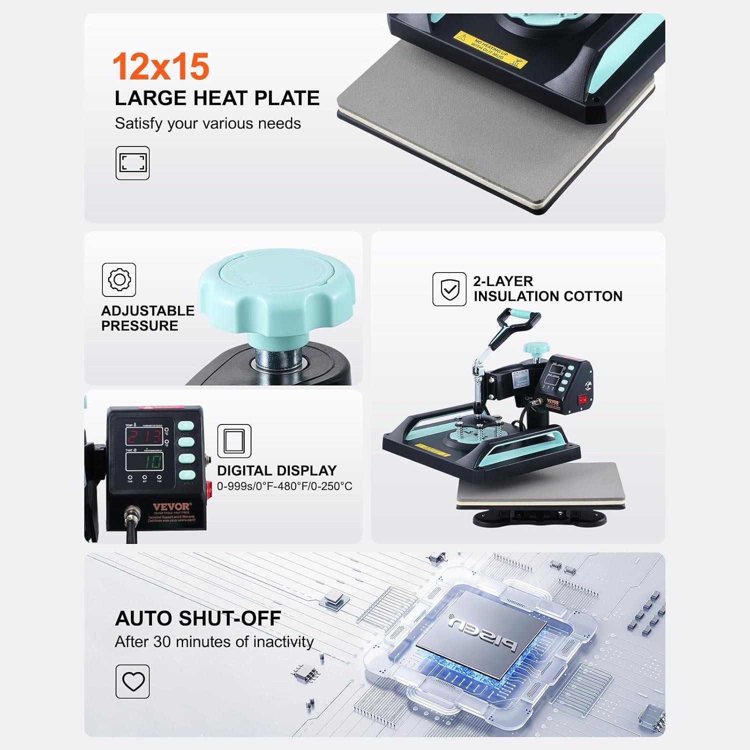 imageVEVOR 15x15 Heat Press Machine 8 in 1 Combo with 30 OZ Tumbler Press ampamp Hat Press Slide Out Heat Press Sublimation Machine for TShirts Hats Caps Tumblers Glass Cans Mugs and Plates Light Green8in112x1530OZGreen