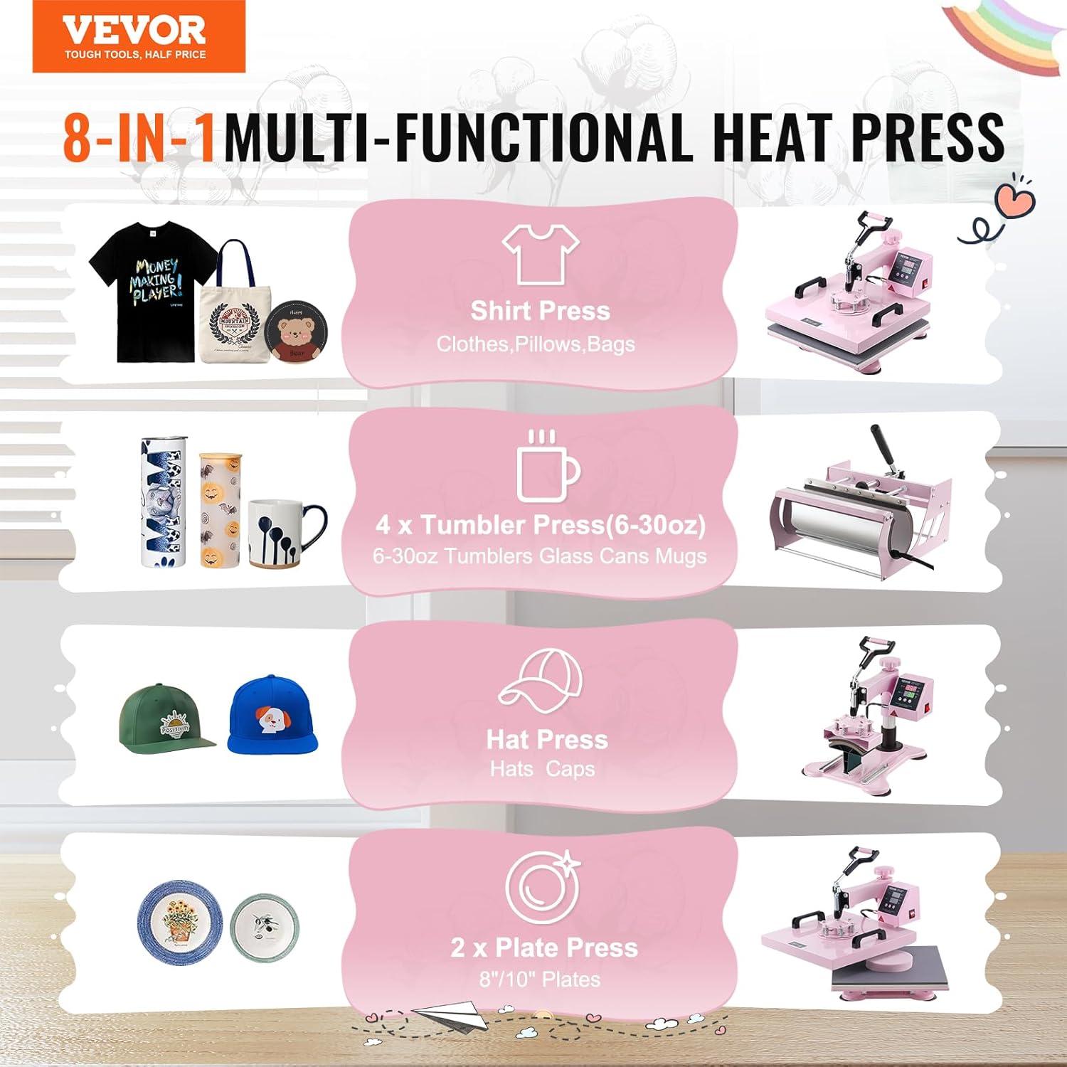 imageVEVOR 15x15 Heat Press Machine 8 in 1 Combo with 30 OZ Tumbler Press ampamp Hat Press Slide Out Heat Press Sublimation Machine for TShirts Hats Caps Tumblers Glass Cans Mugs and Plates Light Green8in115x1530OZPink