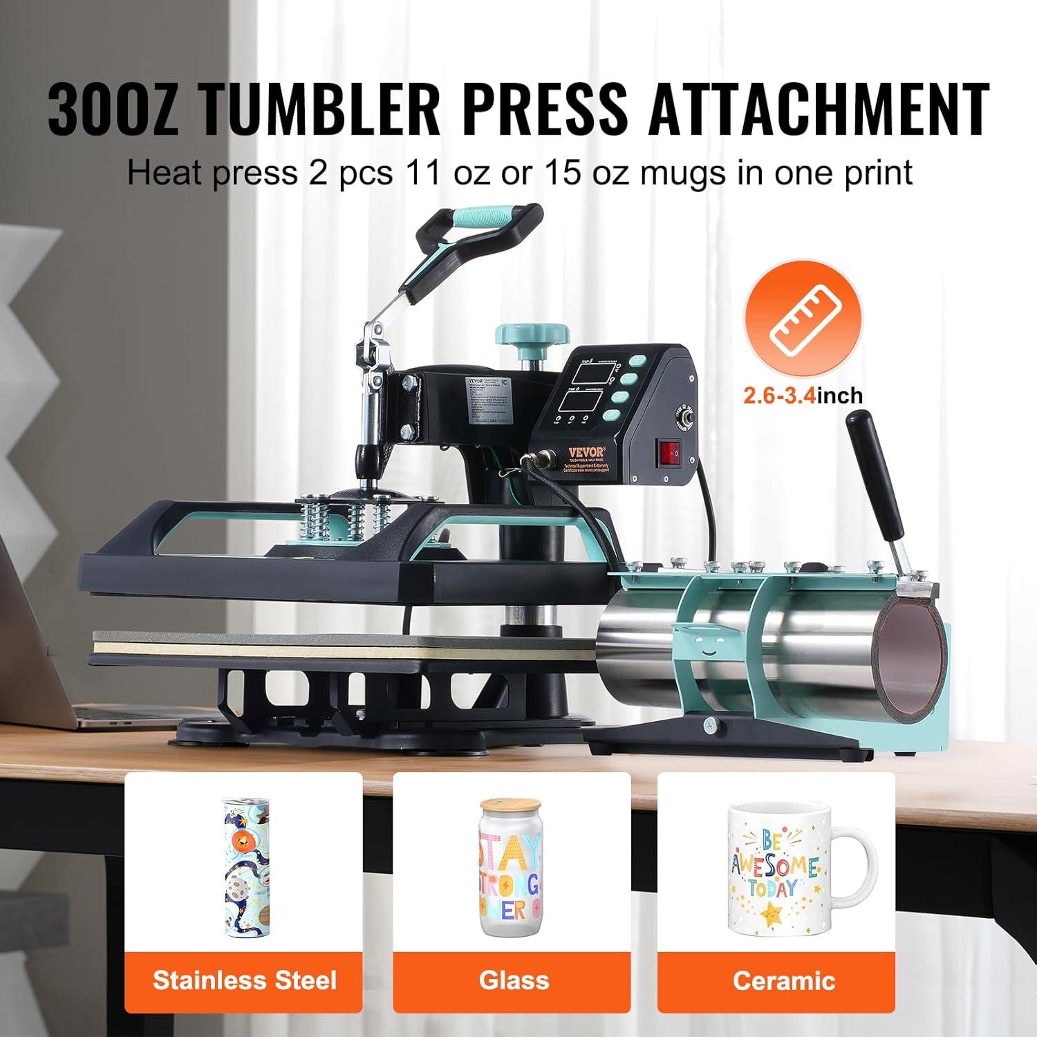 imageVEVOR 15x15 Heat Press Machine 8 in 1 Combo with 30 OZ Tumbler Press ampamp Hat Press Slide Out Heat Press Sublimation Machine for TShirts Hats Caps Tumblers Glass Cans Mugs and Plates Light Green8in112x1530OZGreen