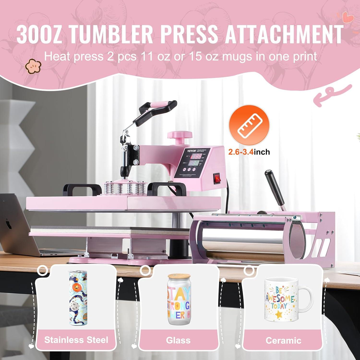 imageVEVOR 15x15 Heat Press Machine 8 in 1 Combo with 30 OZ Tumbler Press ampamp Hat Press Slide Out Heat Press Sublimation Machine for TShirts Hats Caps Tumblers Glass Cans Mugs and Plates Light Green8in115x1530OZPink